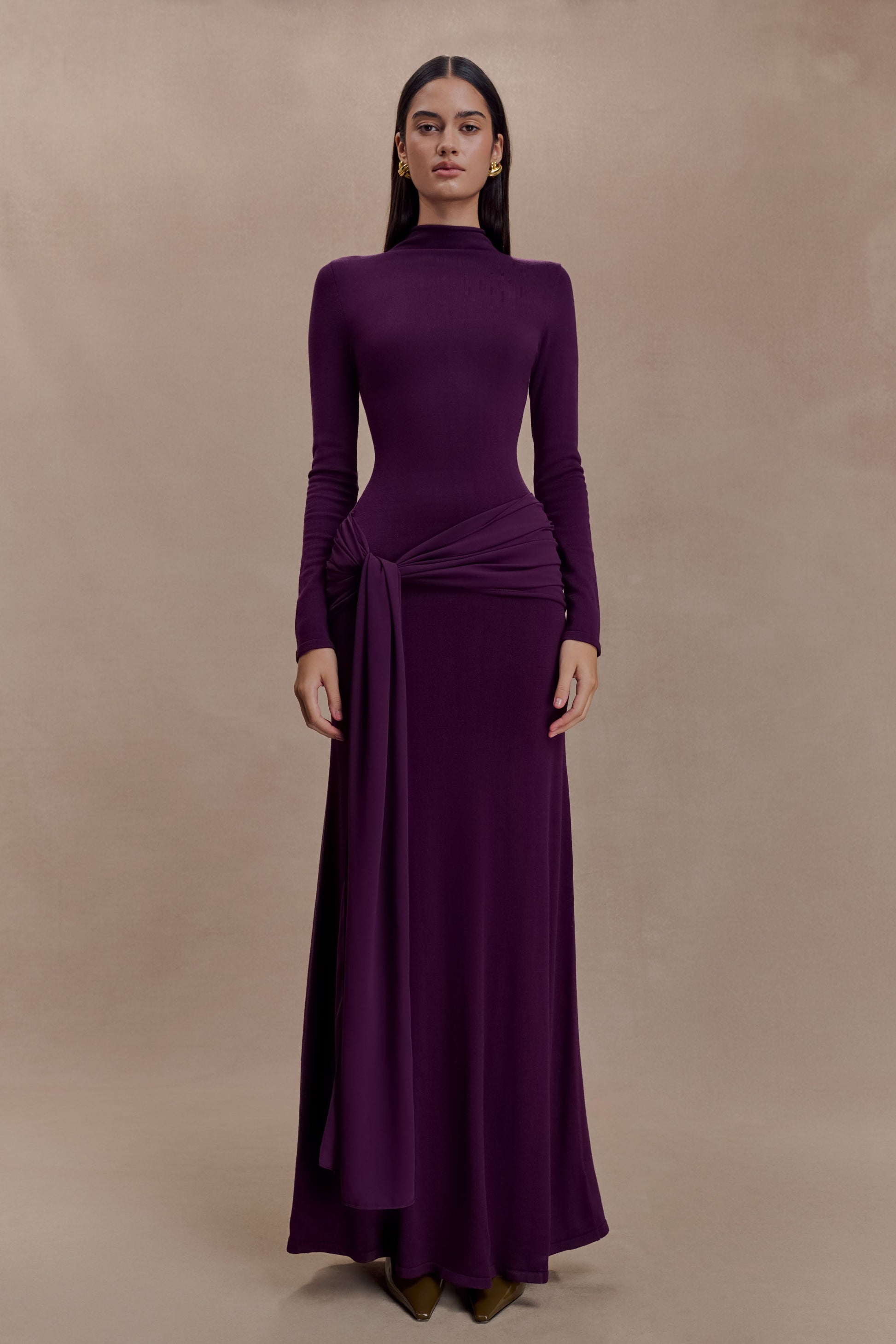 Grayson Knit Chiffon Maxi Dress - Plum | MESHKI US Grayson Knit Chiffon Maxi Dress - Plum | MESHKI US