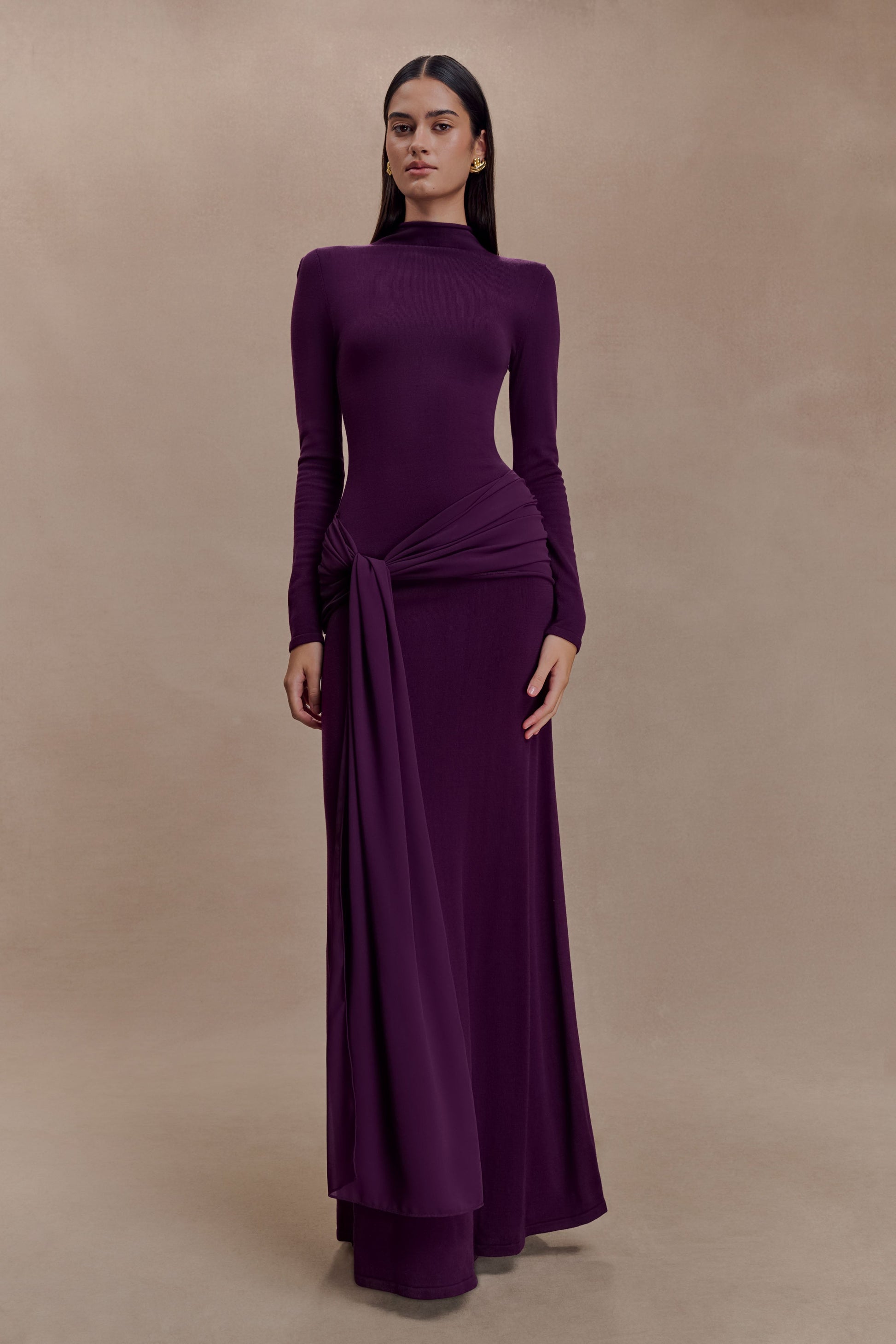Grayson Knit Chiffon Maxi Dress - Plum | MESHKI US Grayson Knit Chiffon Maxi Dress - Plum | MESHKI US