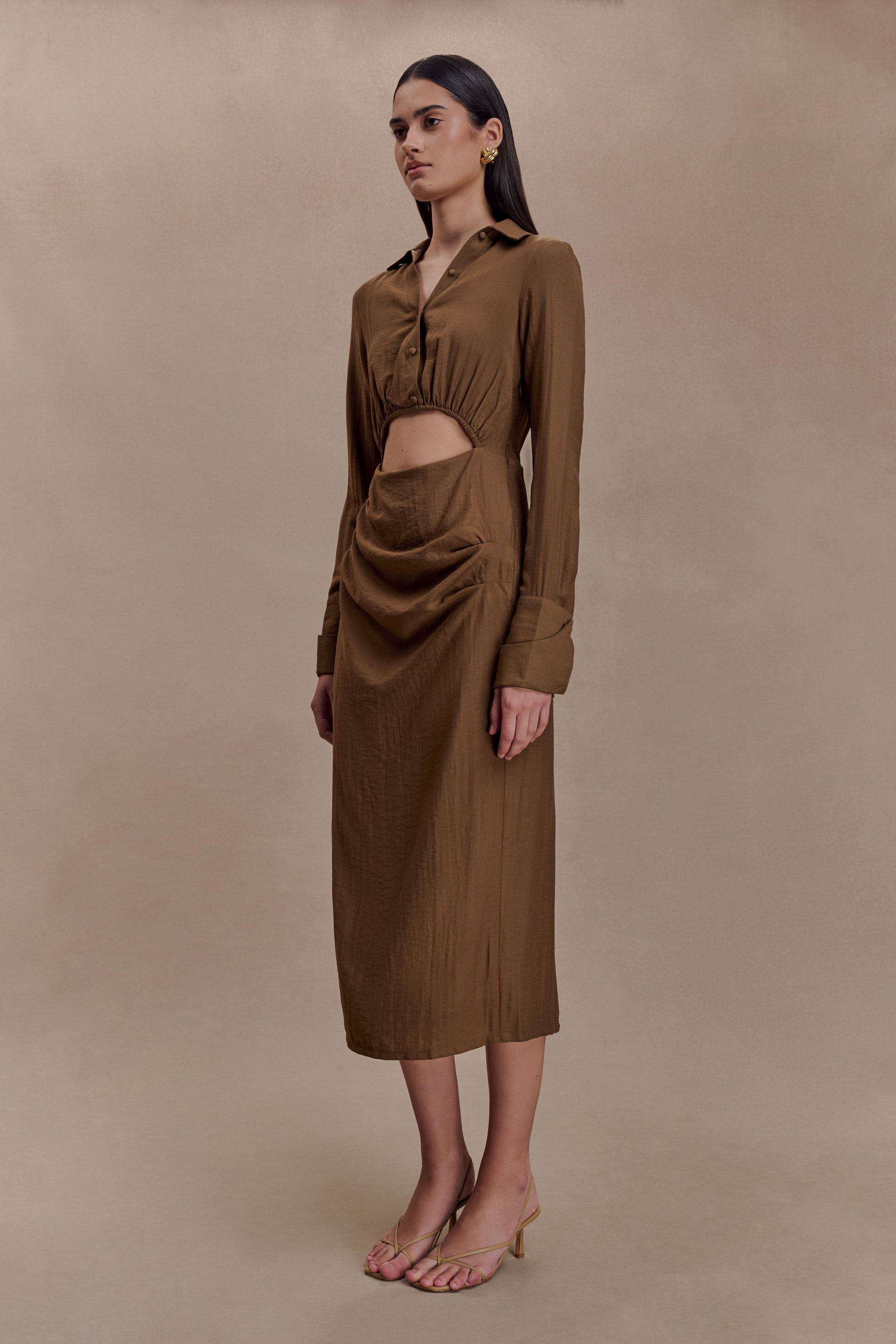 Cecilie Cut Out Shirt Midi Dress / Dark Chocolate | MESHKI | 3XL Cecilie Cut Out Shirt Midi Dress / Dark Chocolate | MESHKI | 3XL