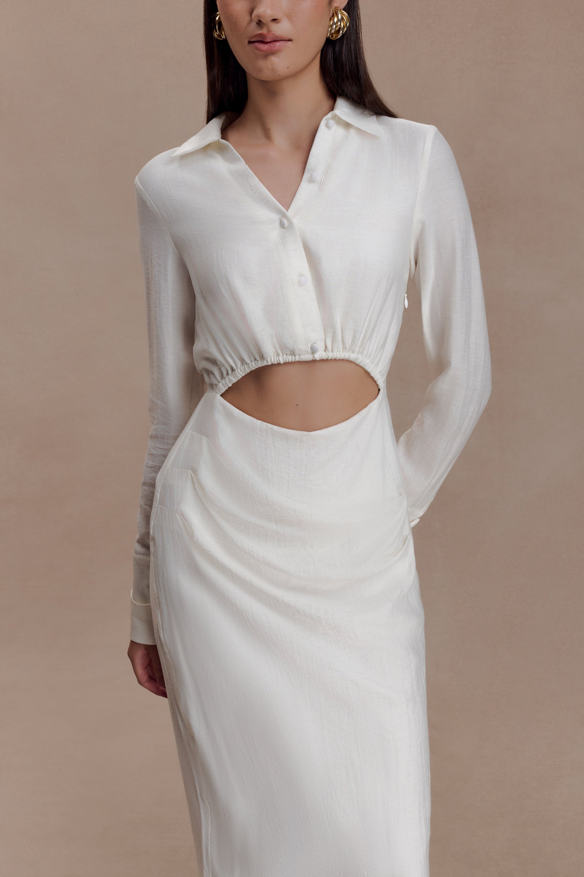 Cecilie Cut Out Shirt Midi Dress - White | MESHKI US Cecilie Cut Out Shirt Midi Dress - White | MESHKI US