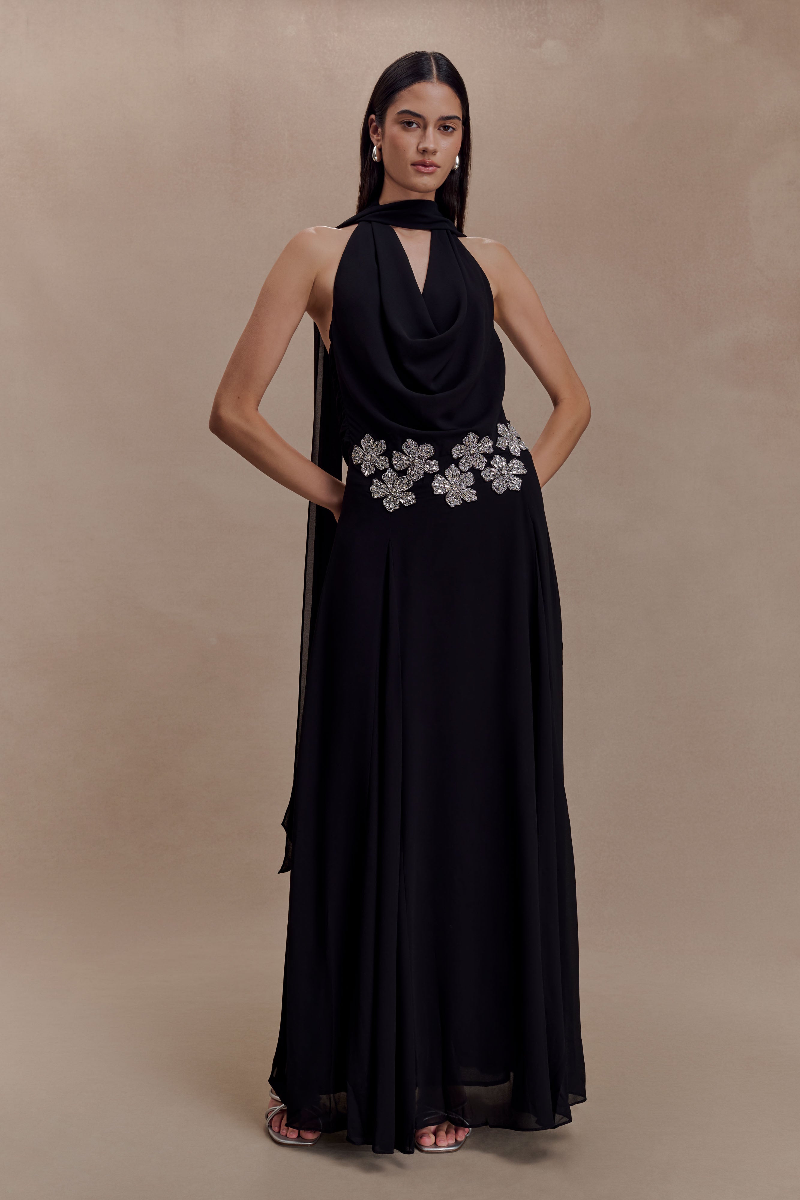 Santal Floral Chiffon Halter Maxi Dress - Black | MESHKI US