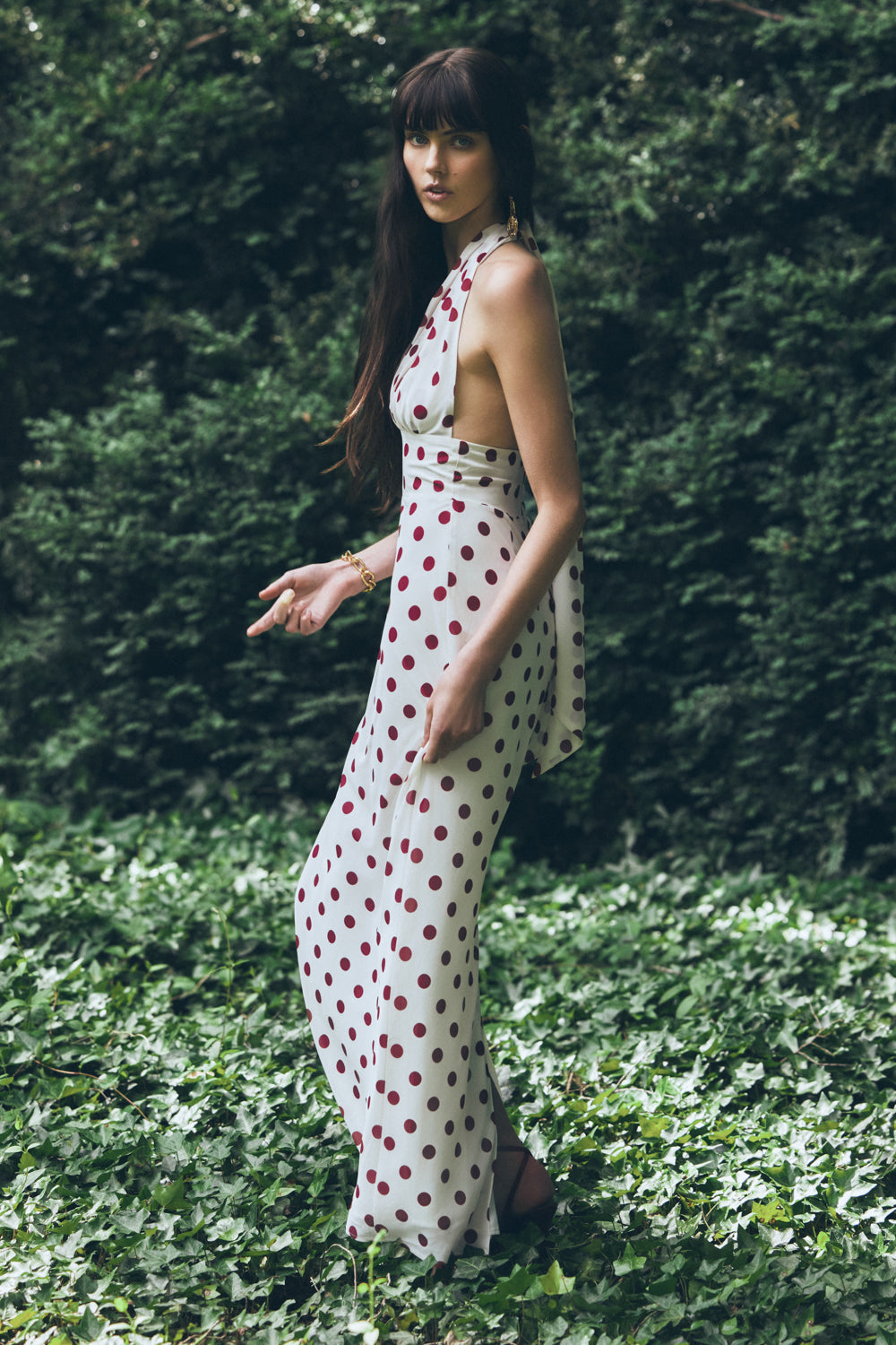 Nadine Halter Chiffon Maxi Dress / Ivory/Merlot Polka Dot | MESHKI