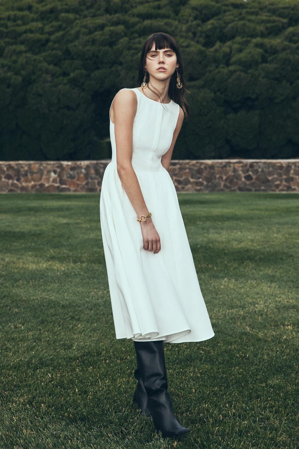 Monika Gathered Waist Cotton Midi Dress - White | MESHKI US
