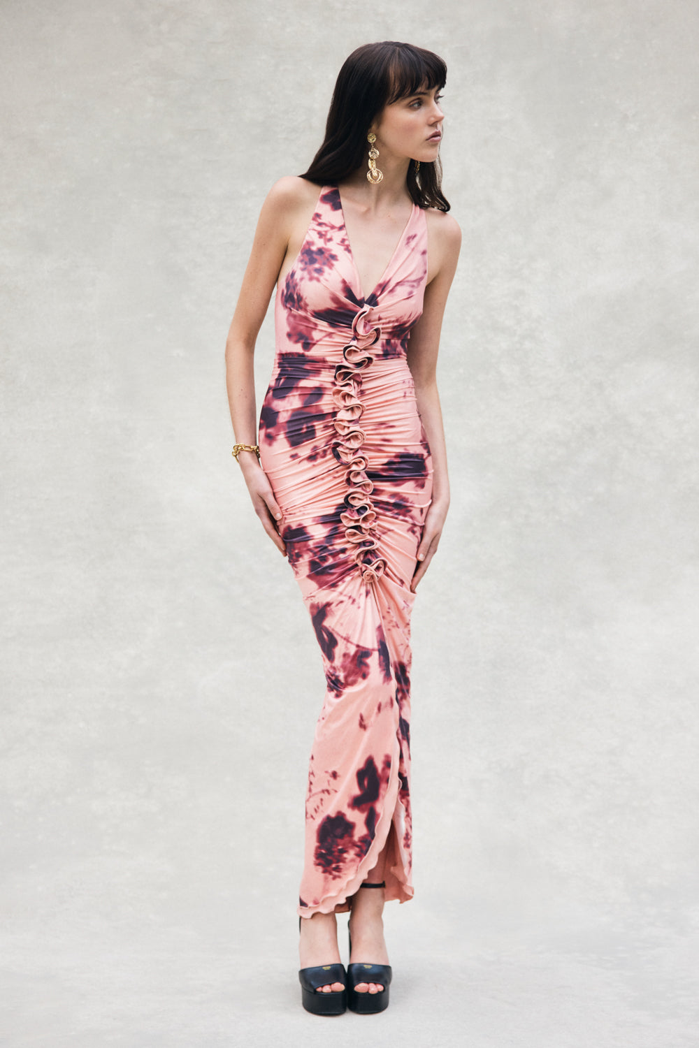 Alessandra Slinky Ruffle Maxi Dress / Pink Blurred Floral Print | MESHKI | 3XL Alessandra Slinky Ruffle Maxi Dress / Pink Blurred Floral Print | MESHKI | 3XL