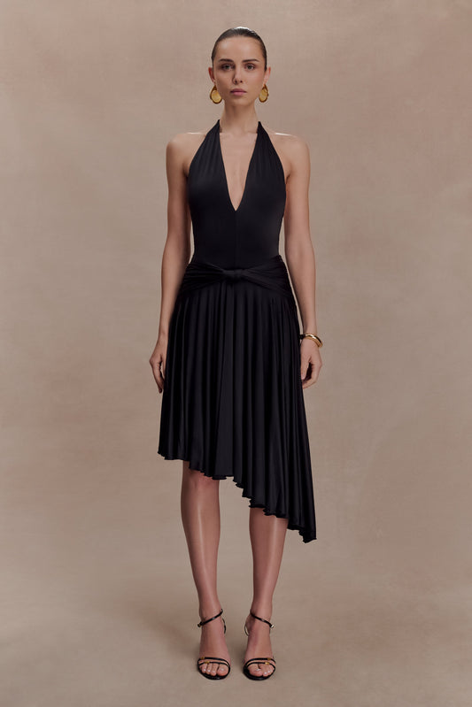 Zelda Asymmetric Slinky Midi Dress - Black