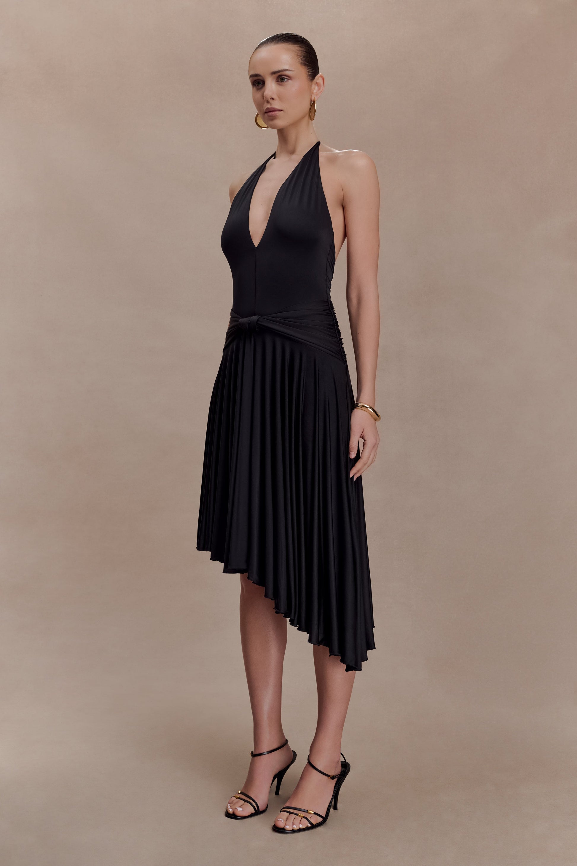 Zelda Asymmetric Slinky Midi Dress / Black | MESHKI