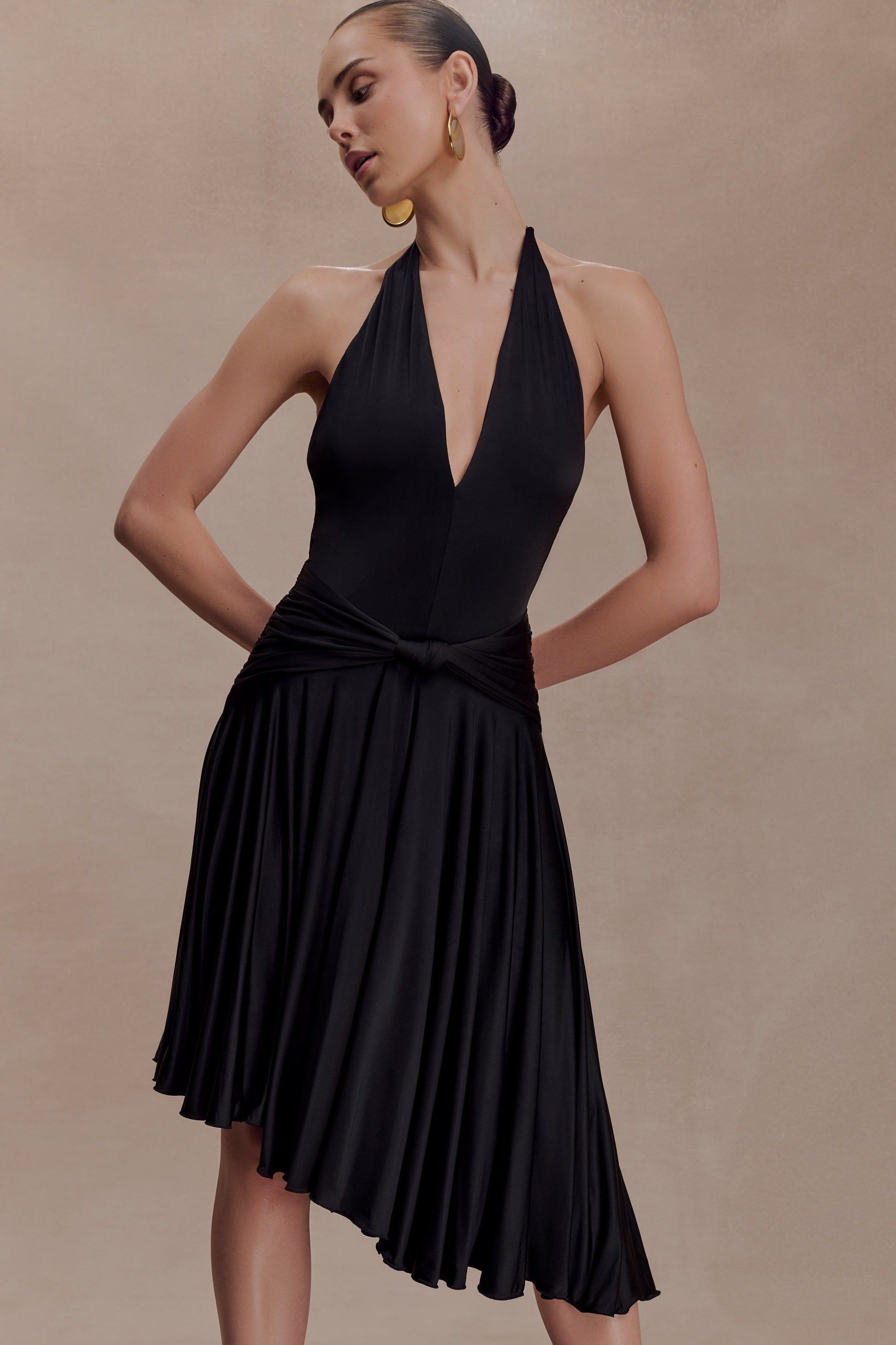 Zelda Asymmetric Slinky Midi Dress - Black | MESHKI US Zelda Asymmetric Slinky Midi Dress - Black | MESHKI US