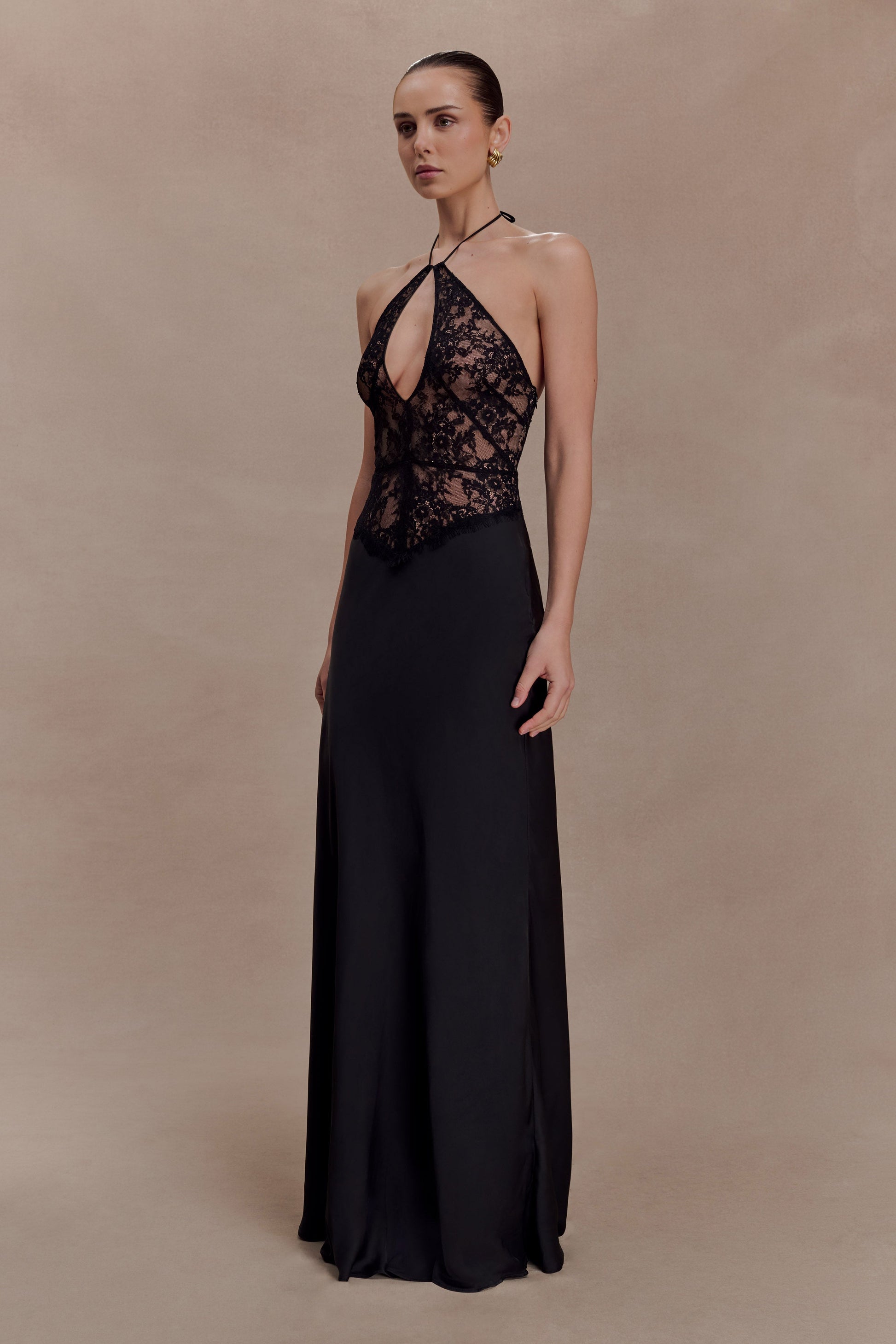 Sascha Lace And Satin Halter Maxi Dress / Black | MESHKI | L Sascha Lace And Satin Halter Maxi Dress / Black | MESHKI | L