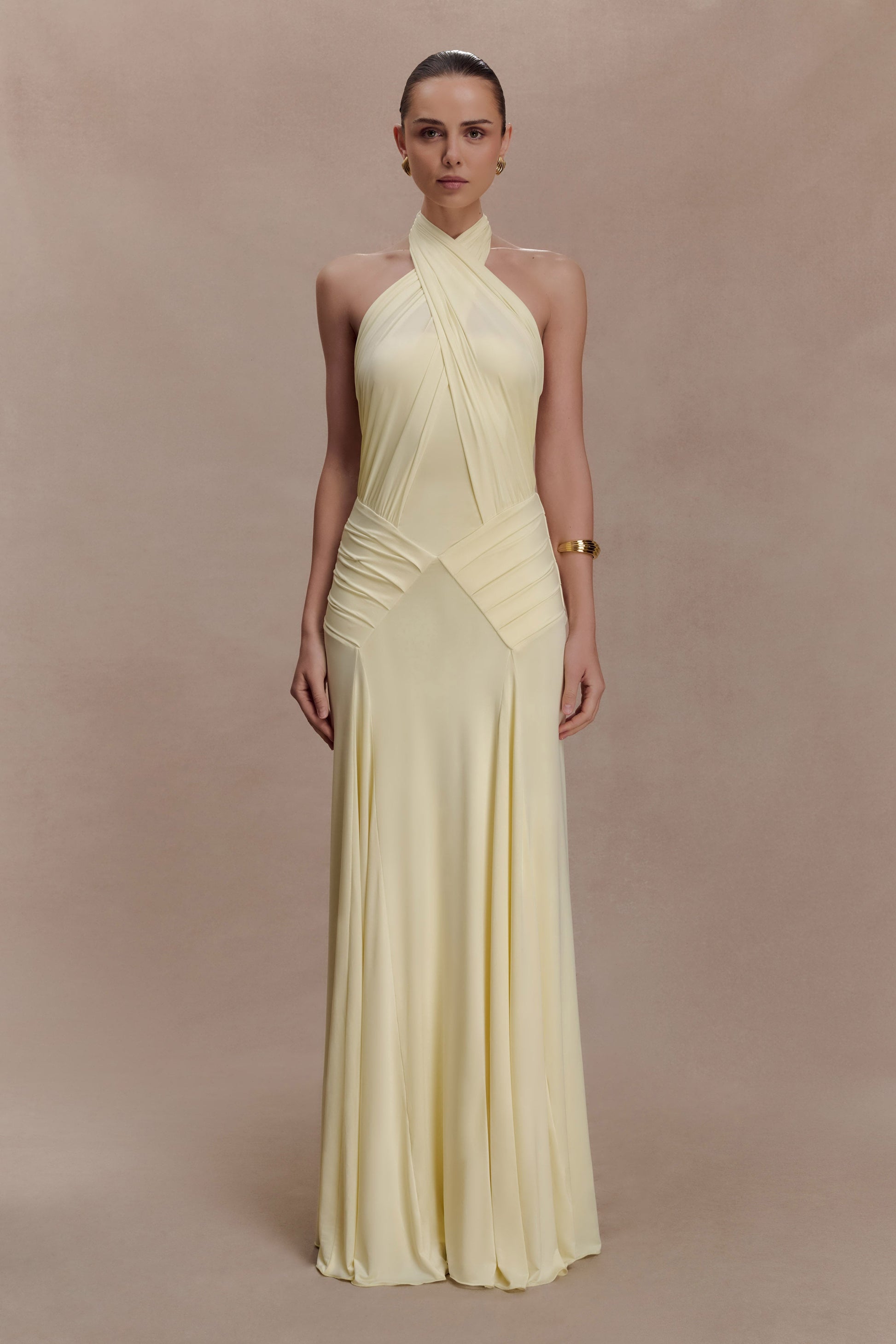 Indira Gathered Slinky Halter Maxi Dress - Lemon