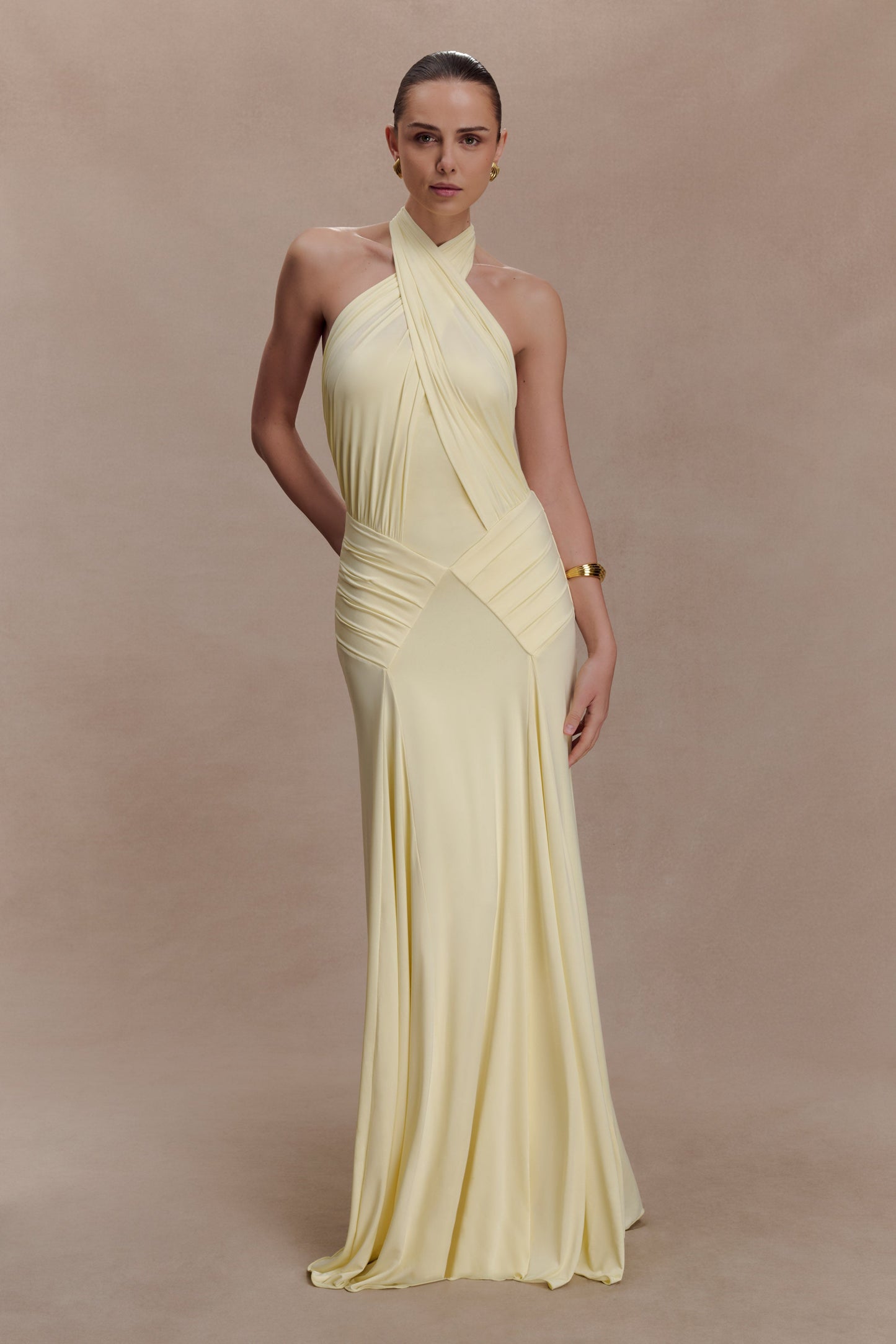 Indira Gathered Slinky Halter Maxi Dress - Lemon