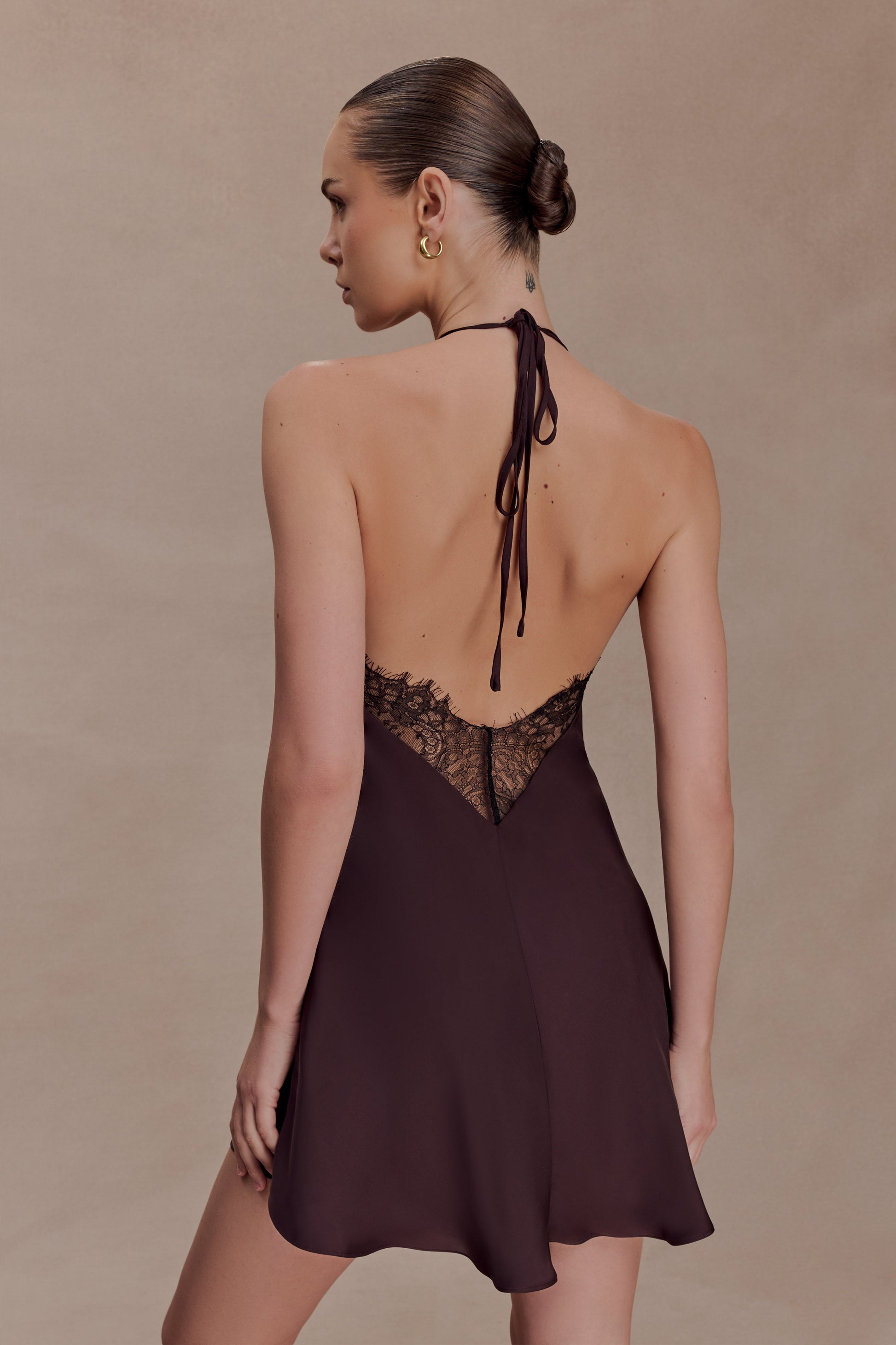 Regina Halter Lace And Satin Mini Dress / Chocolate | MESHKI | XL Regina Halter Lace And Satin Mini Dress / Chocolate | MESHKI | XL