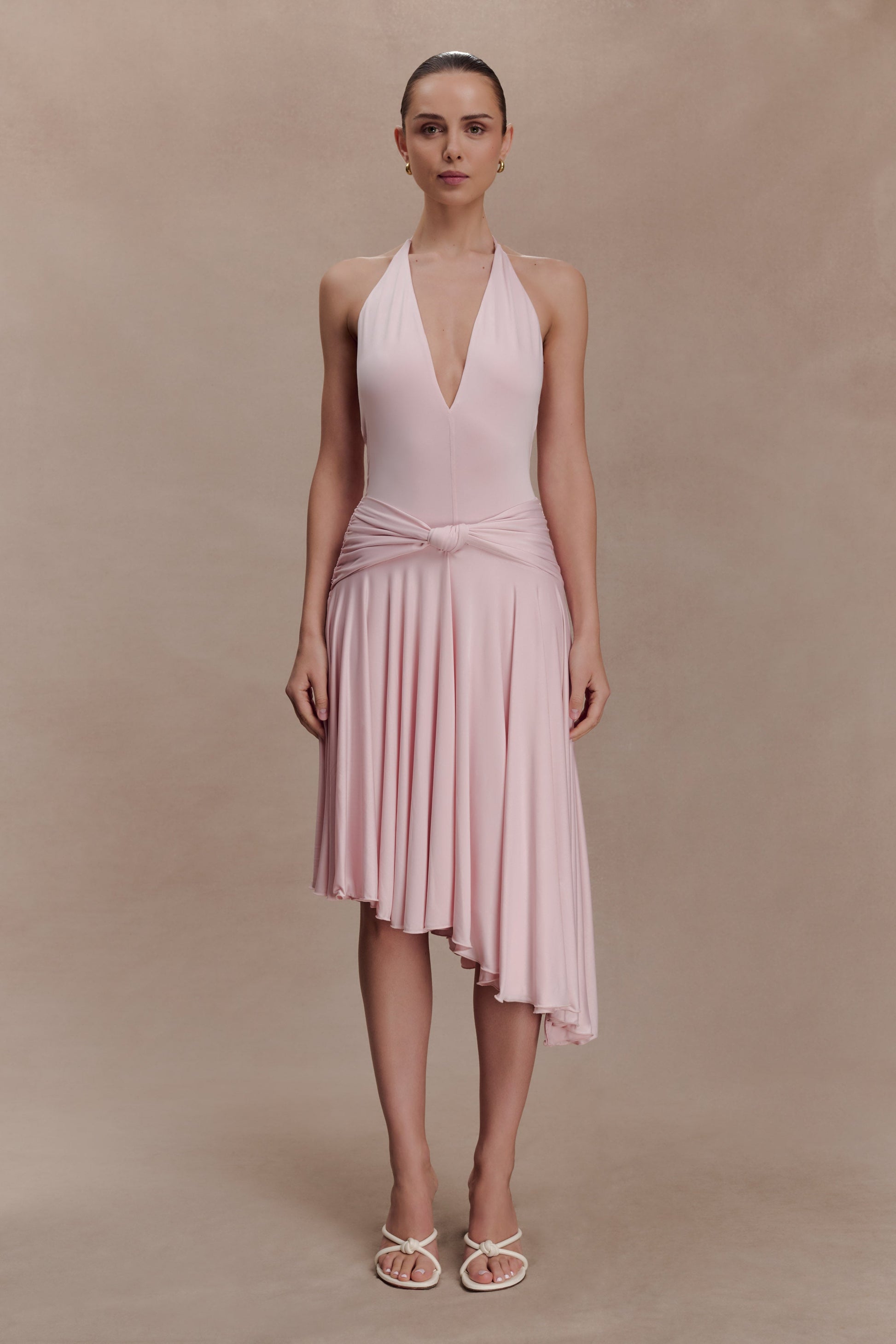 Zelda Asymmetric Slinky Midi Dress / Ballet Pink | MESHKI