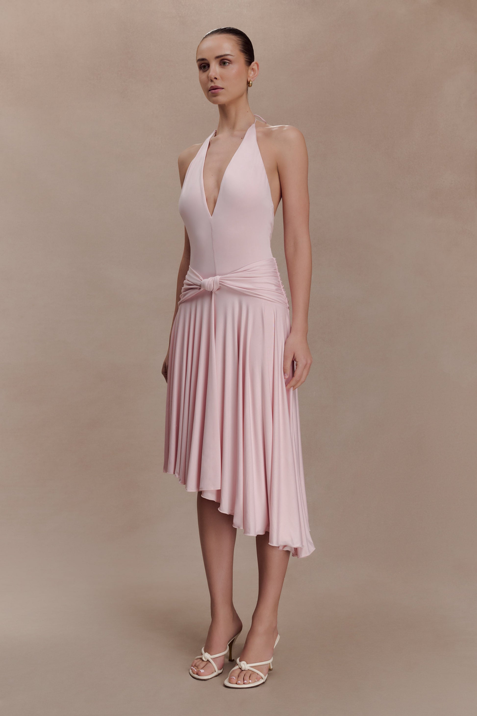 asymmetrical dress pink Beaded Ruffle Asymmetric Hem Maxi calf length Zelda Asymmetric Slinky Midi Dress