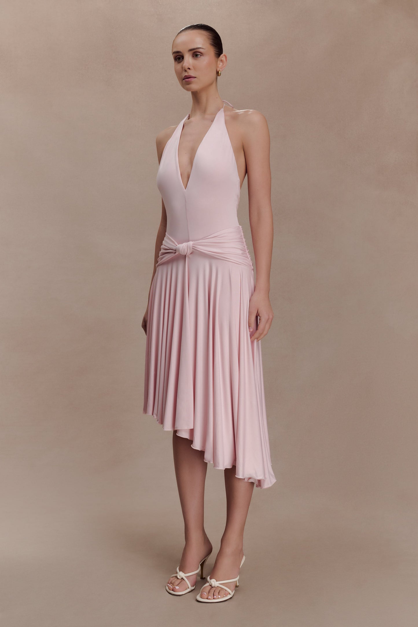 Zelda Asymmetric Slinky Midi Dress - Ballet Pink