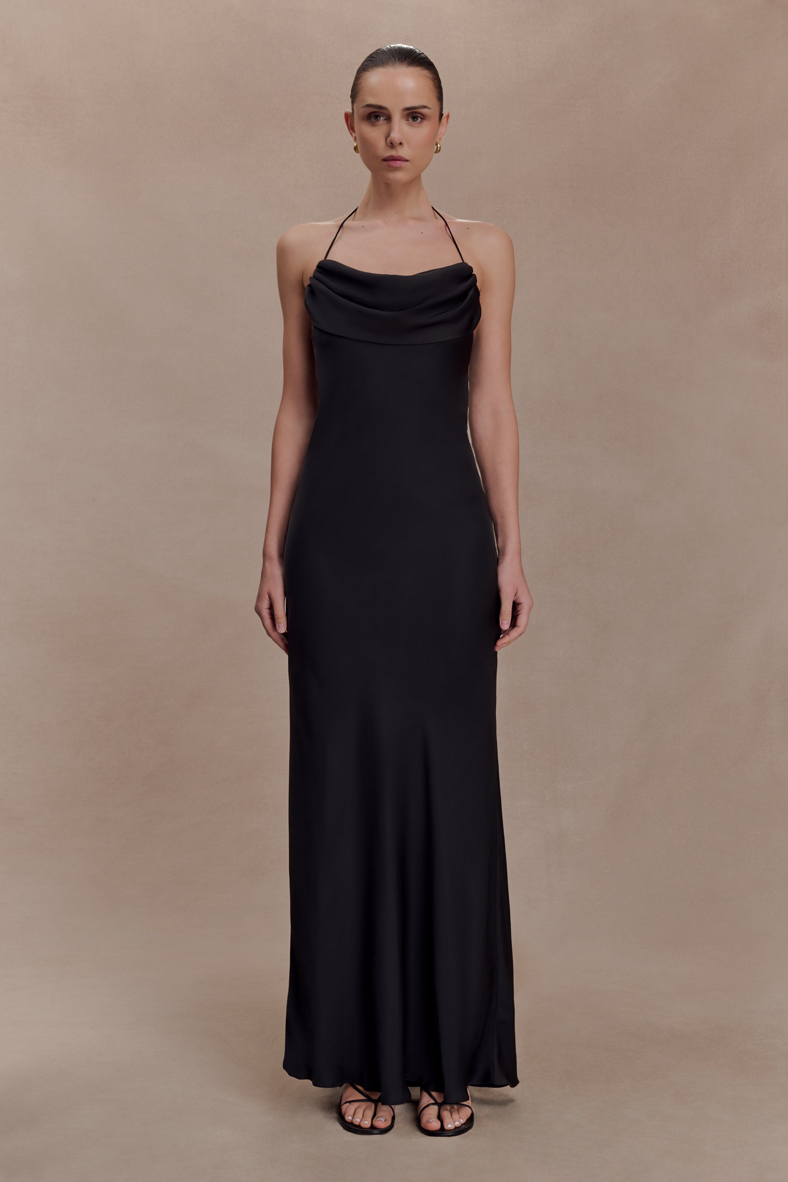 Lydia Cowl Neck Satin Maxi Dress - Black | MESHKI US