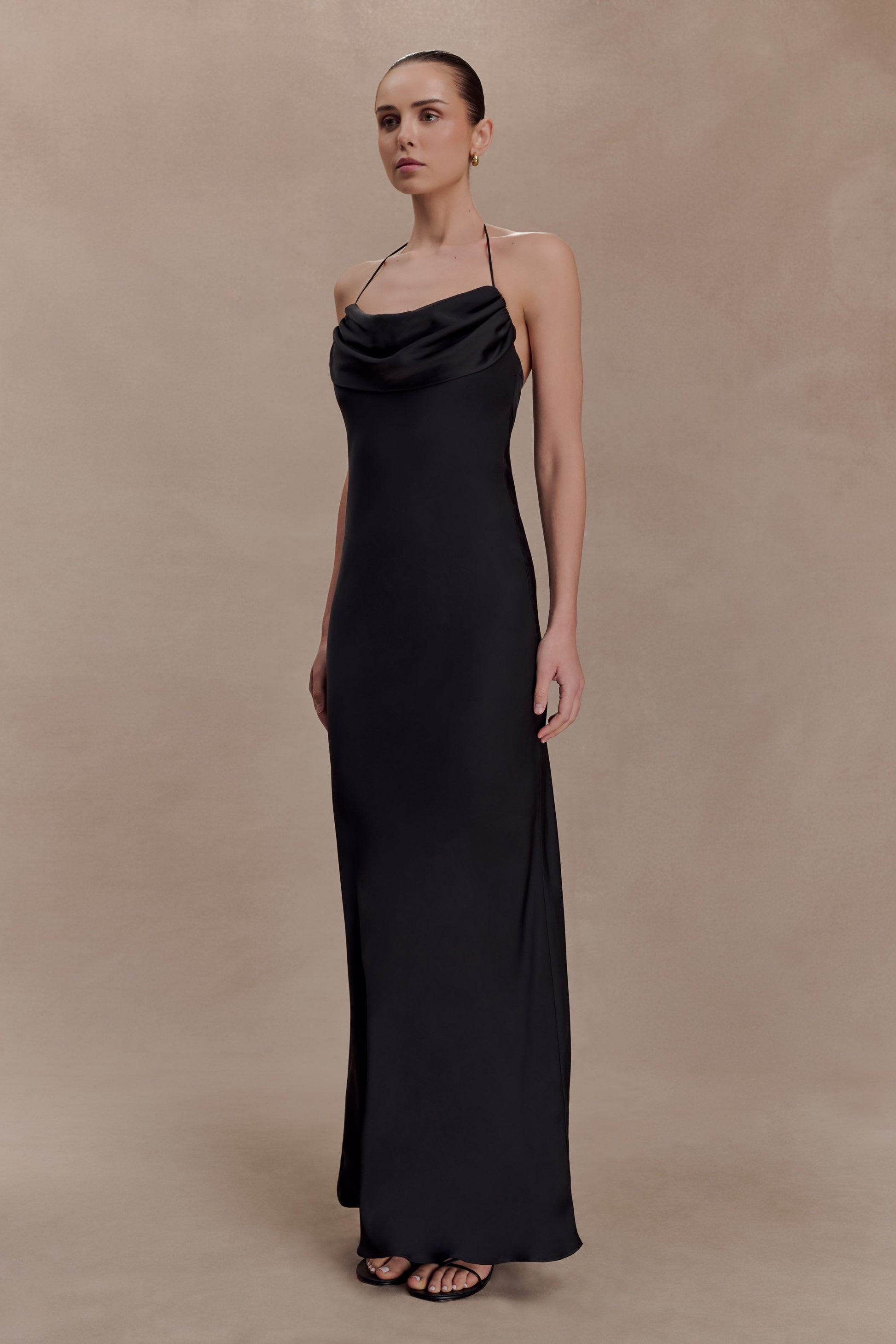 Lydia Cowl Neck Satin Maxi Dress / Black | MESHKI