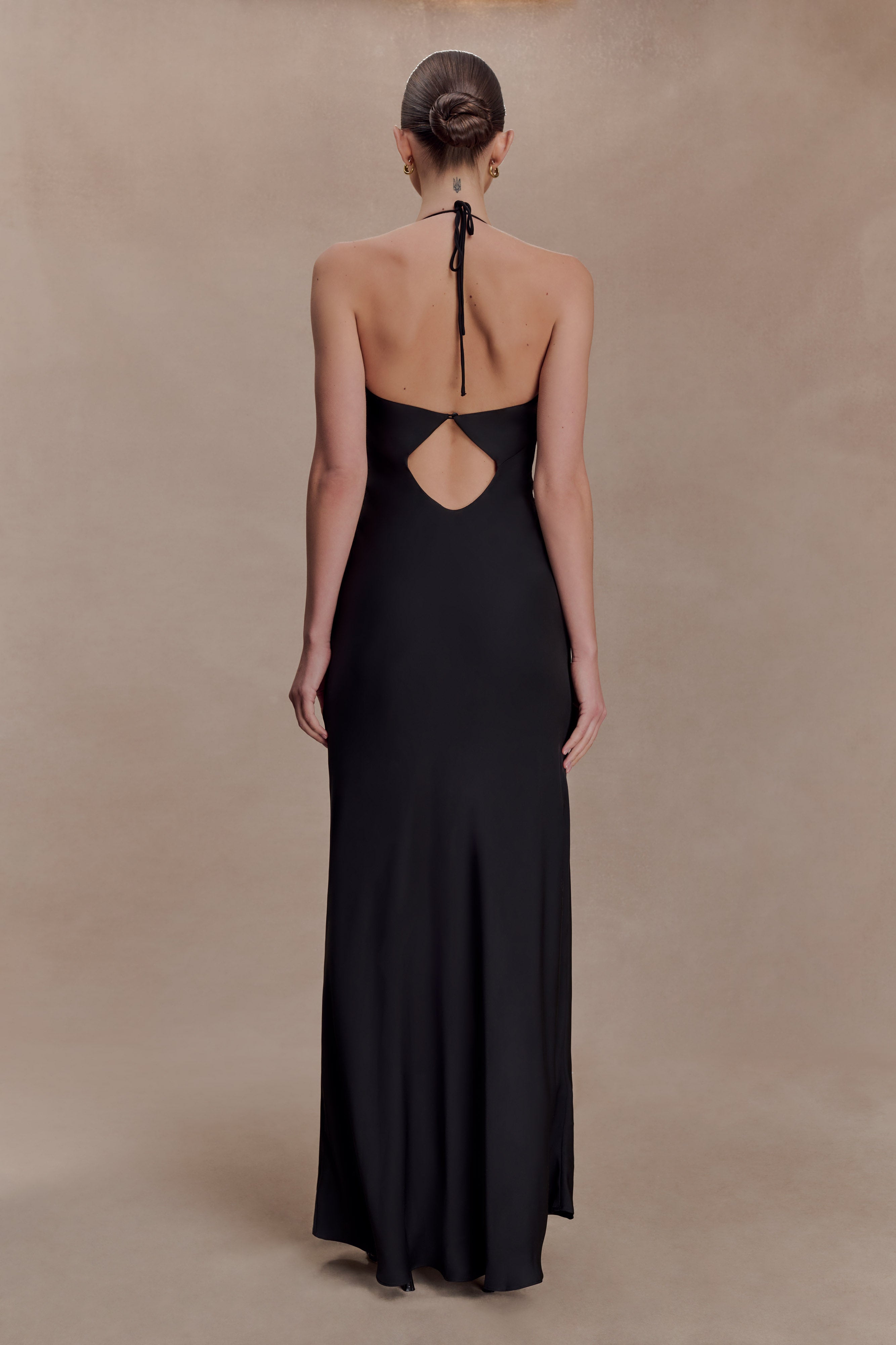 Lydia Cowl Neck Satin Maxi Dress - Black | MESHKI US