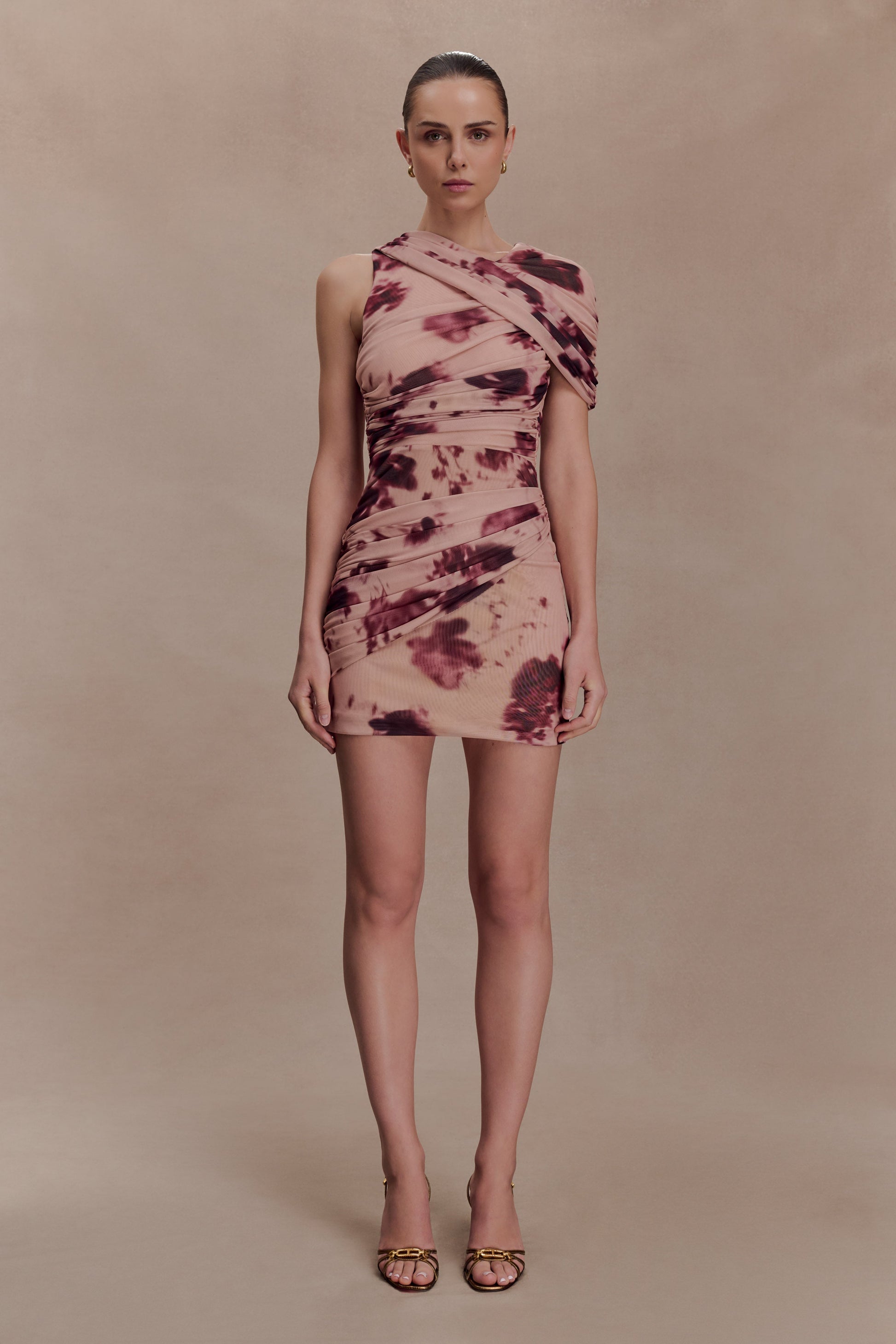 Adrienne One Shoulder Mesh Mini Dress / Nude Blurred Floral Print | MESHKI
