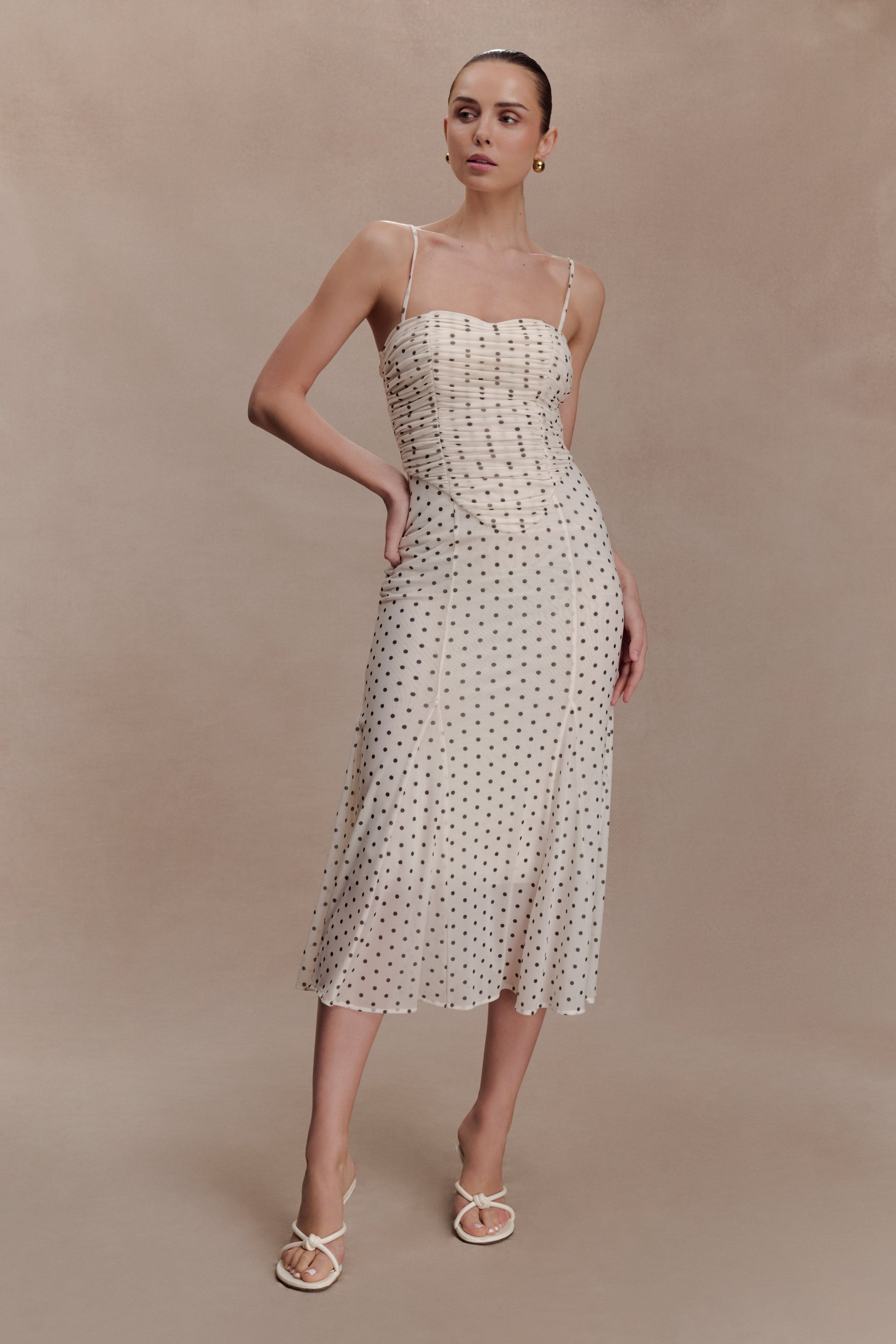 Willa Gathered Mesh Midi Dress - Polka Dot | MESHKI US Willa Gathered Mesh Midi Dress - Polka Dot | MESHKI US