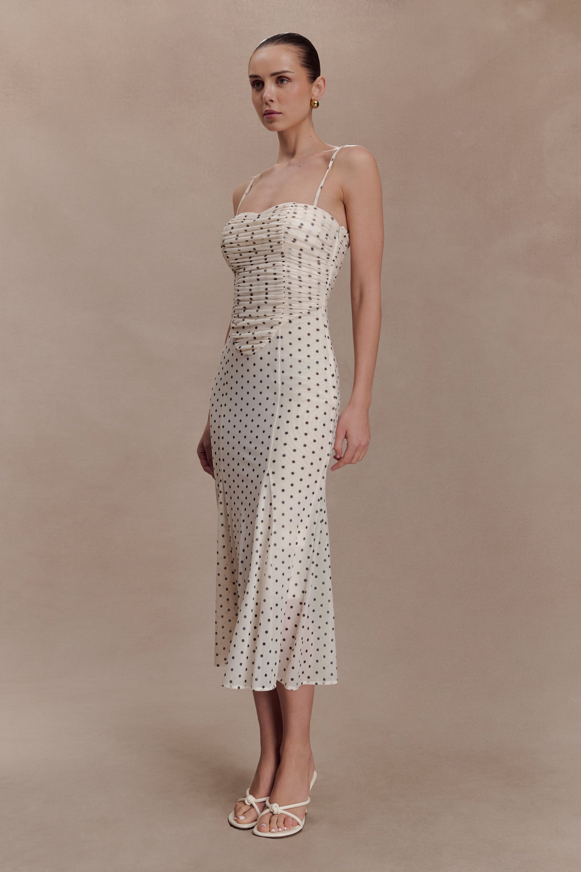 Willa Gathered Mesh Midi Dress / Polka Dot | MESHKI Willa Gathered Mesh Midi Dress / Polka Dot | MESHKI