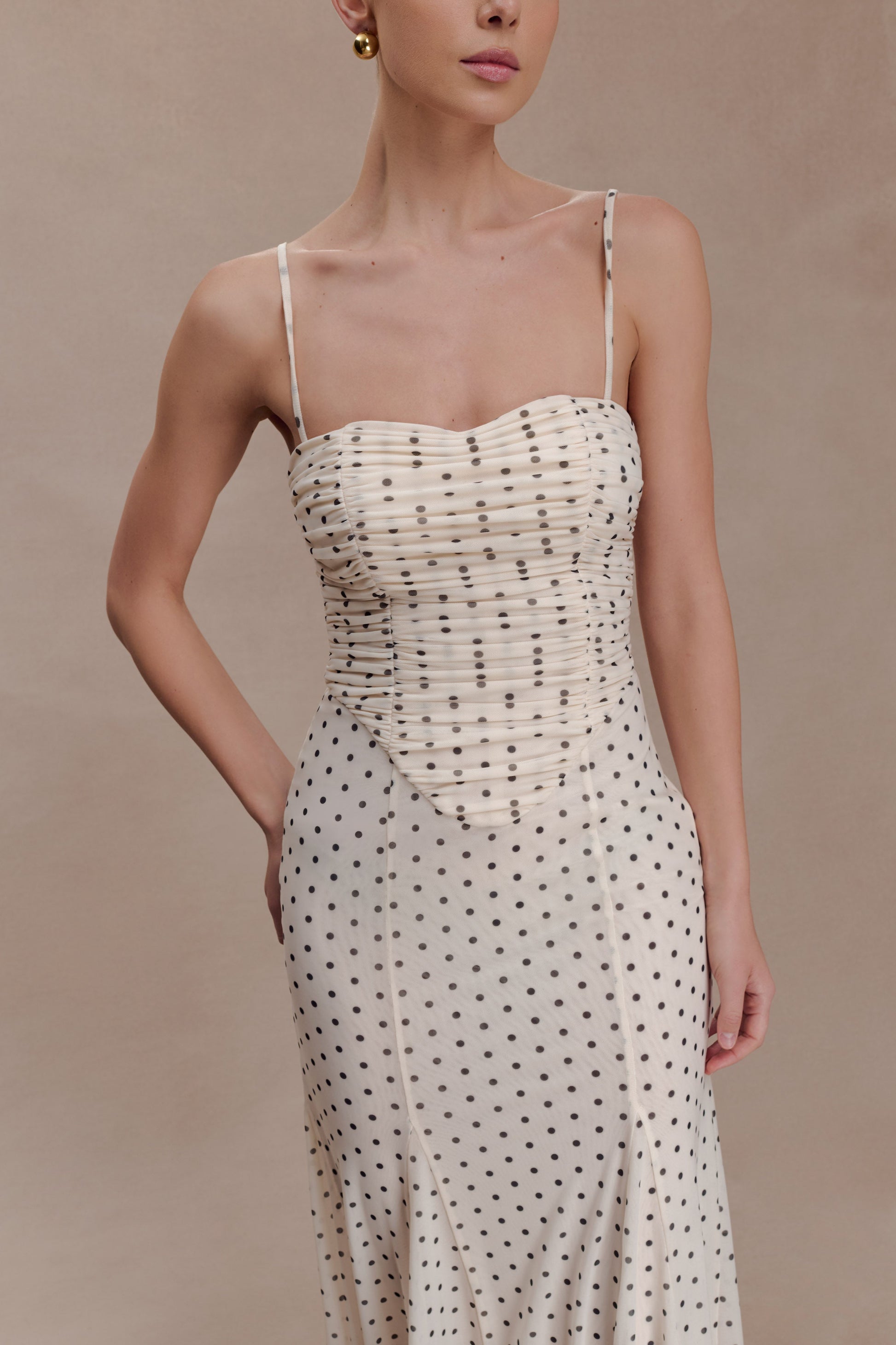 Willa Gathered Mesh Midi Dress - Polka Dot | MESHKI US Willa Gathered Mesh Midi Dress - Polka Dot | MESHKI US