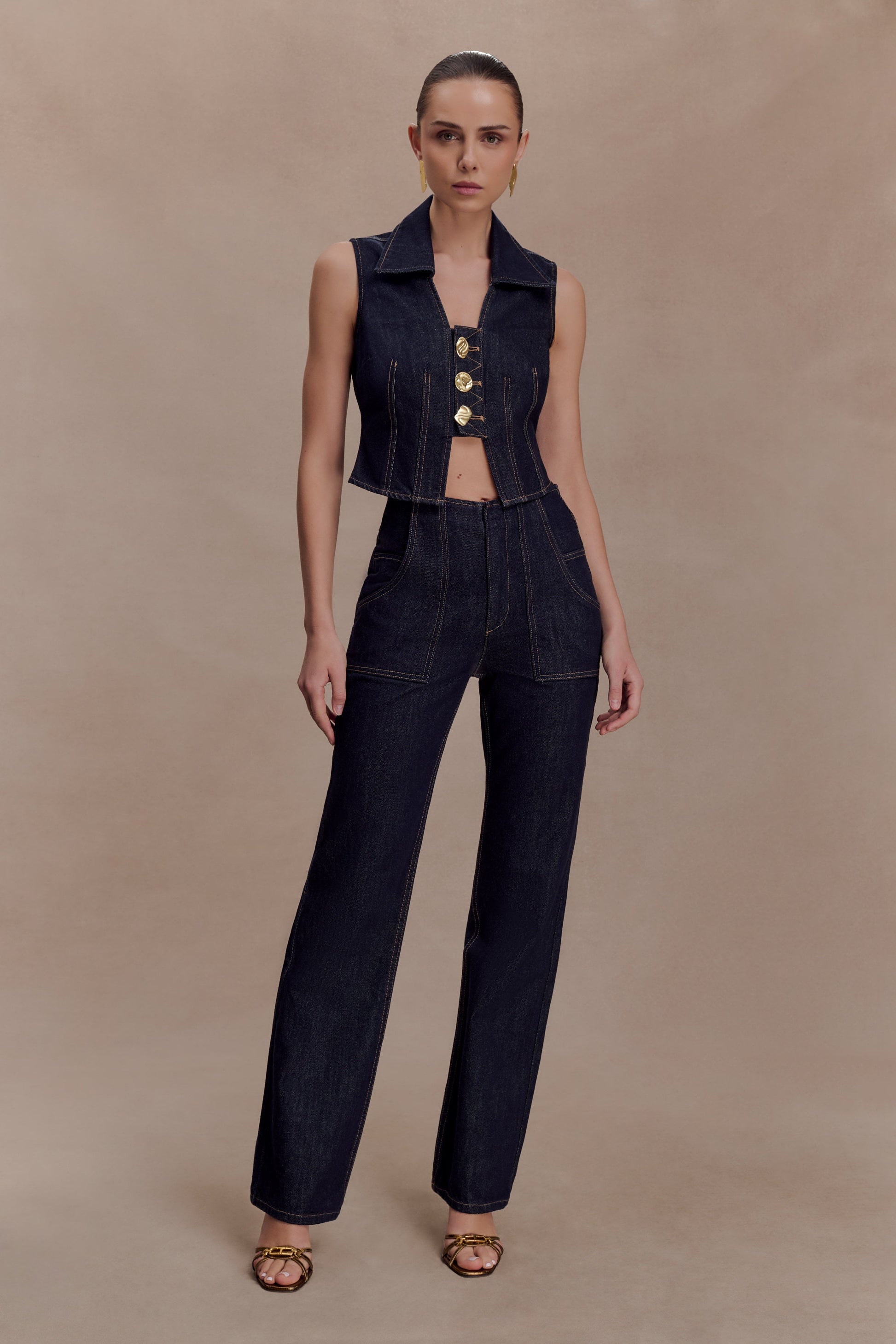 Shona Denim Vest With Decorative Buttons - Washed Indigo Blue #7