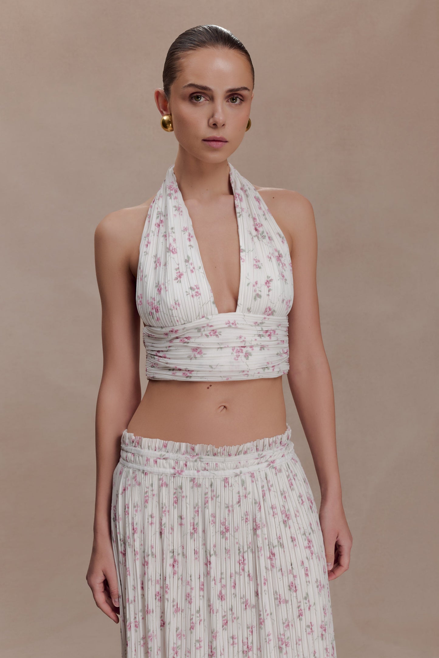 Amaris Sleeveless Plisse Halter Top - Floral Ditsy Print