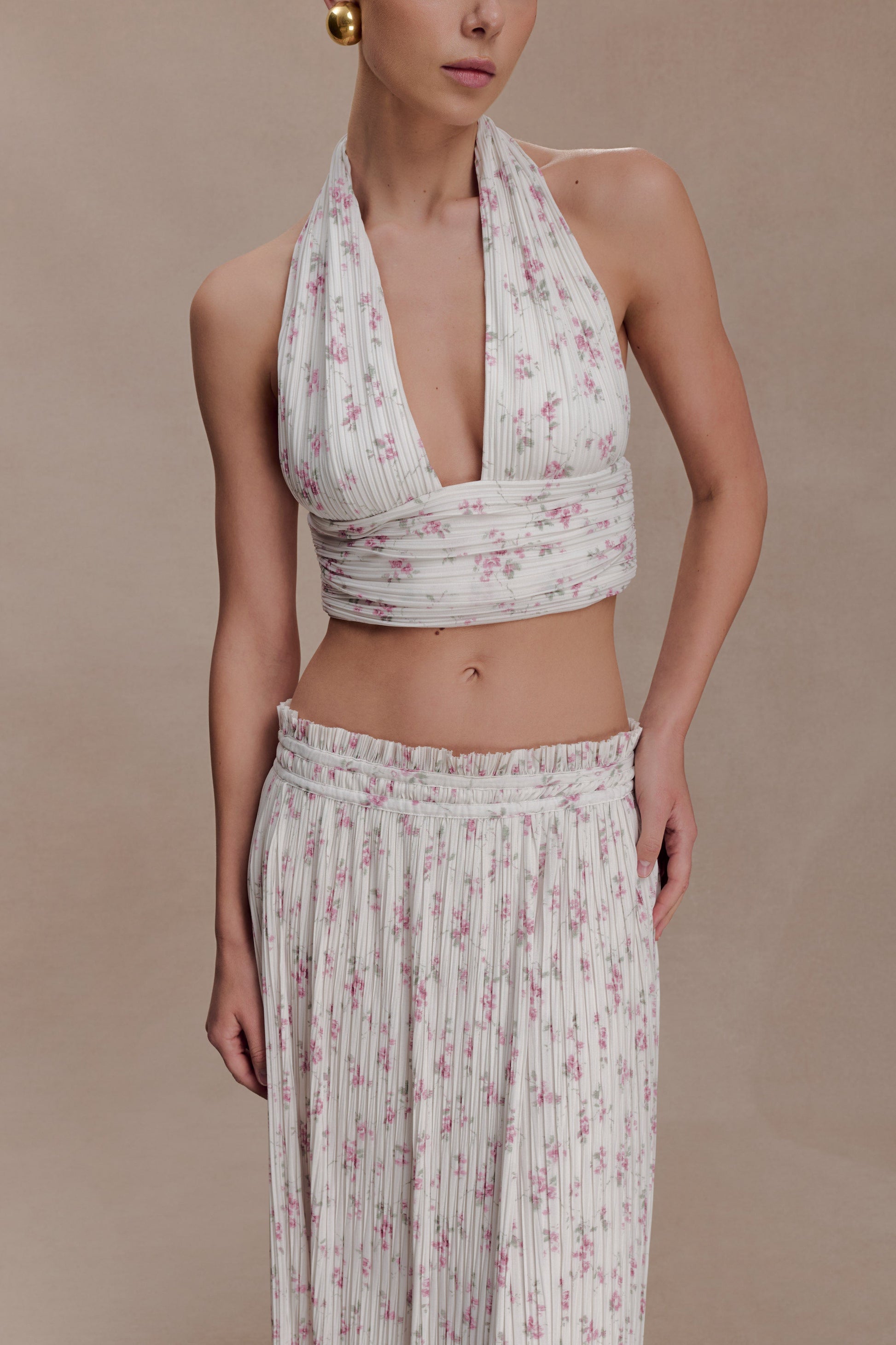 Amaris Sleeveless Plisse Halter Top - Floral Ditsy Print #3