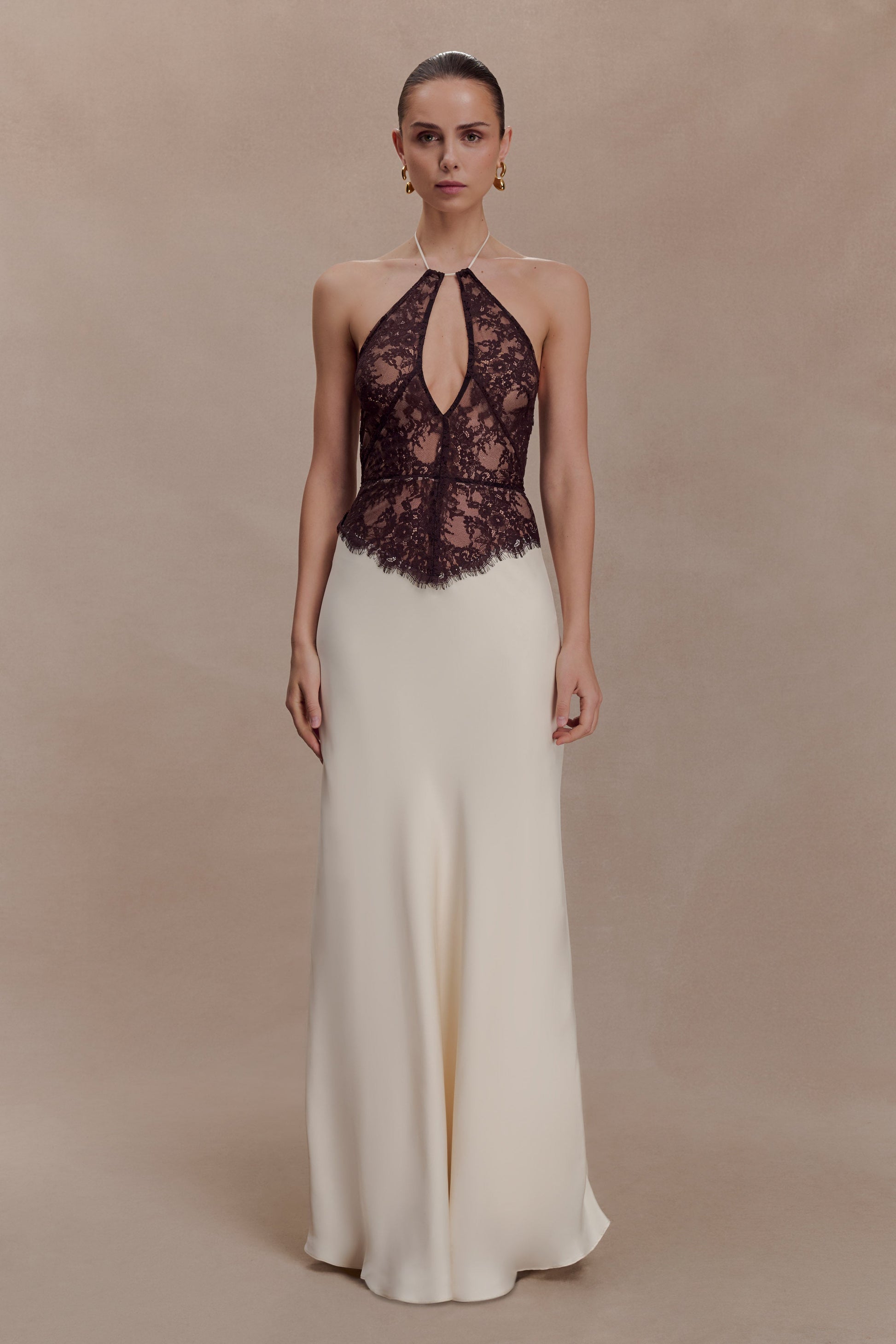 Sascha Lace And Satin Halter Maxi Dress / Ivory/Chocolate | MESHKI