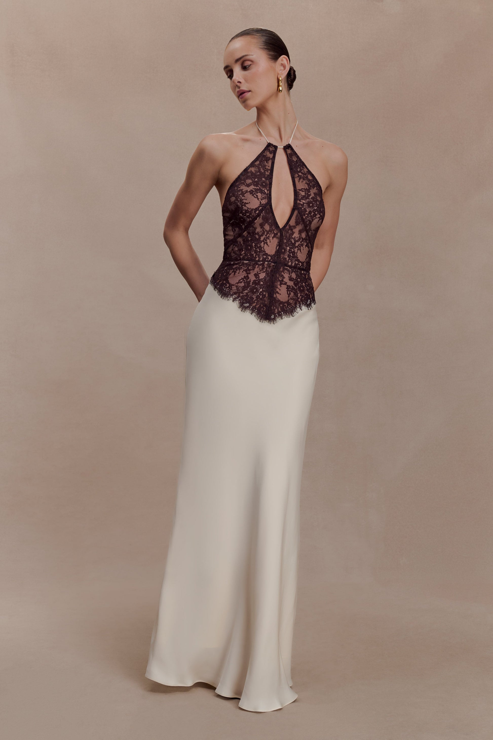 Sascha Lace And Satin Halter Maxi Dress - Ivory/Chocolate #5