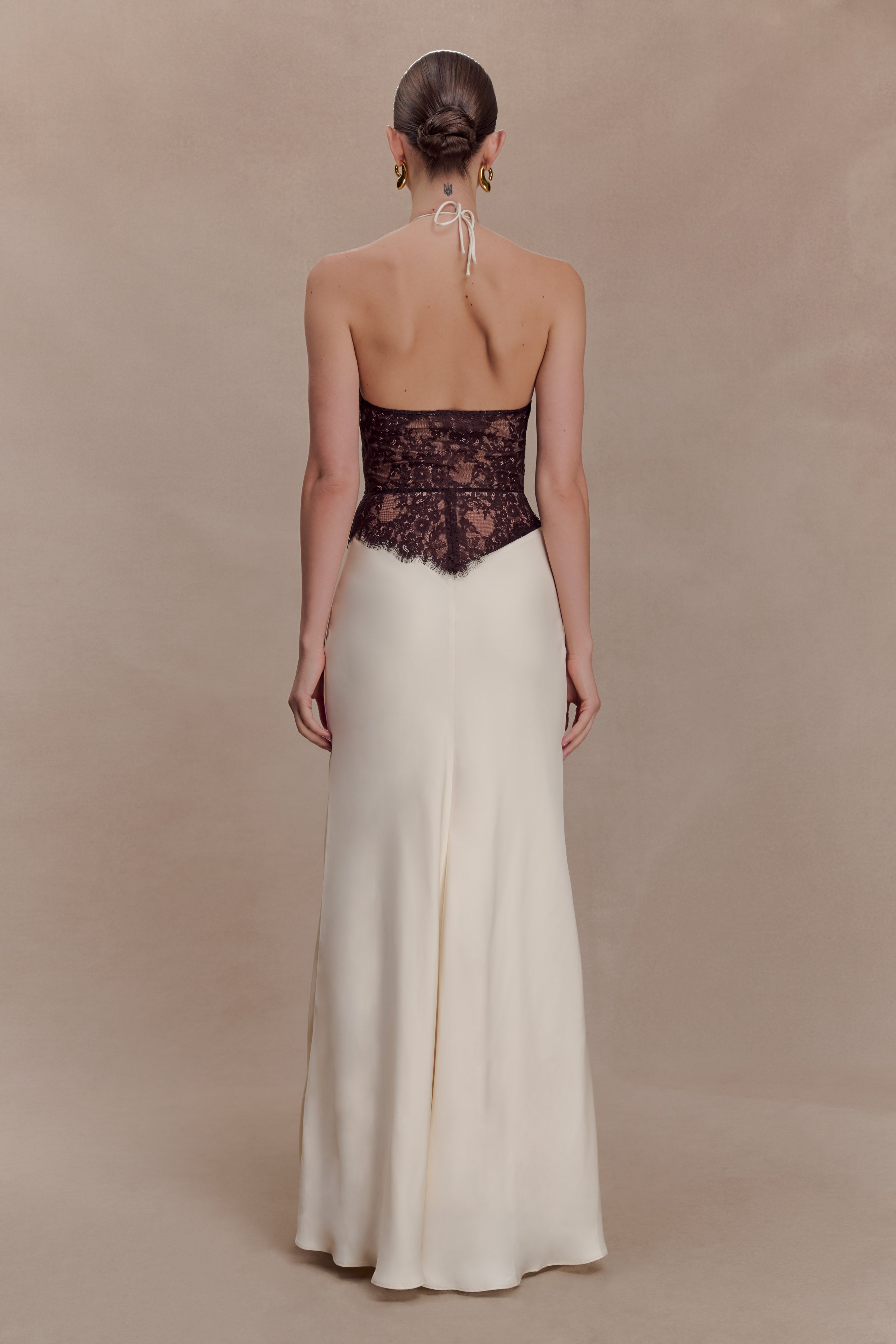 Sascha Lace And Satin Halter Maxi Dress - Ivory/Chocolate | MESHKI US