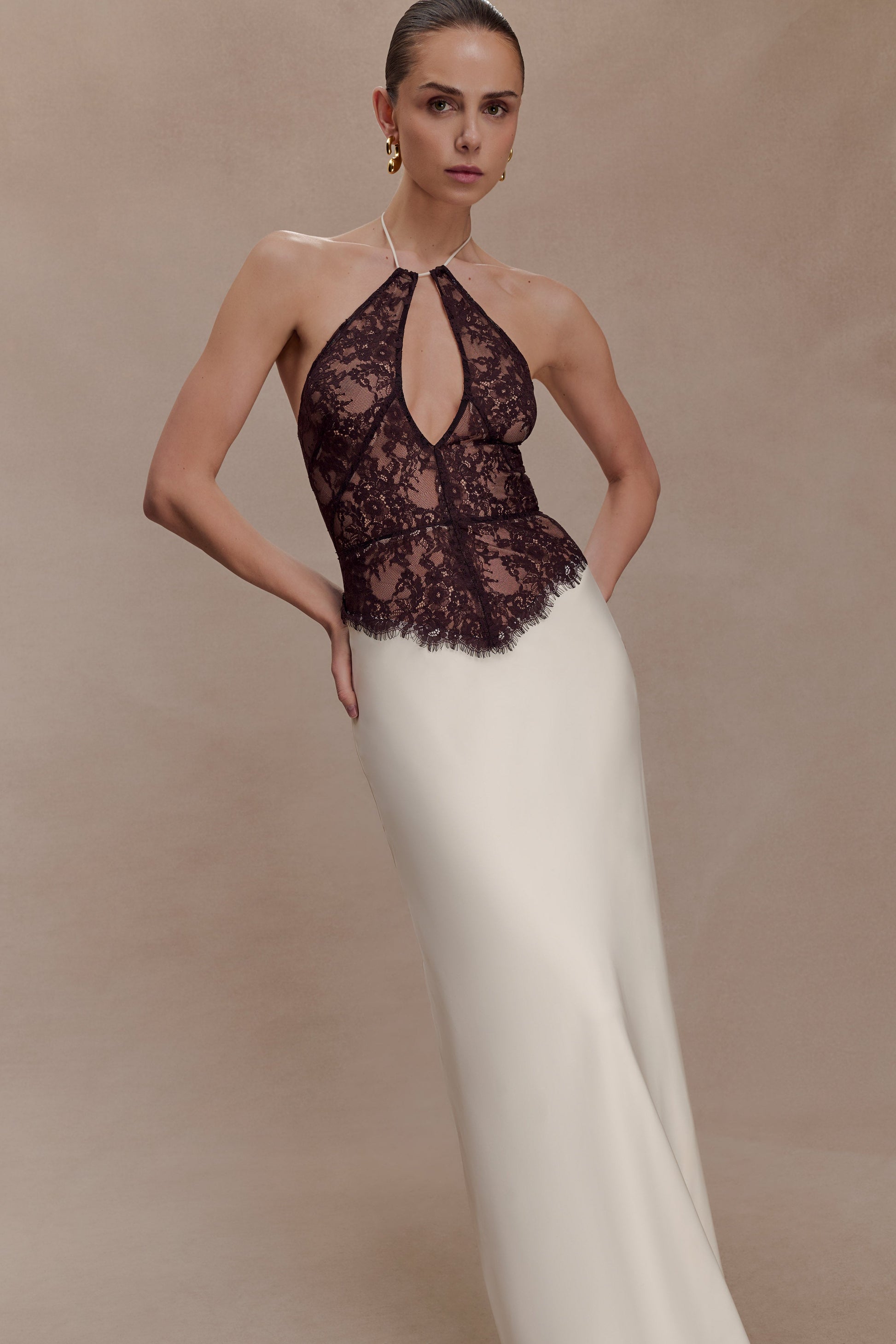 Sascha Lace And Satin Halter Maxi Dress / Ivory/Chocolate | MESHKI