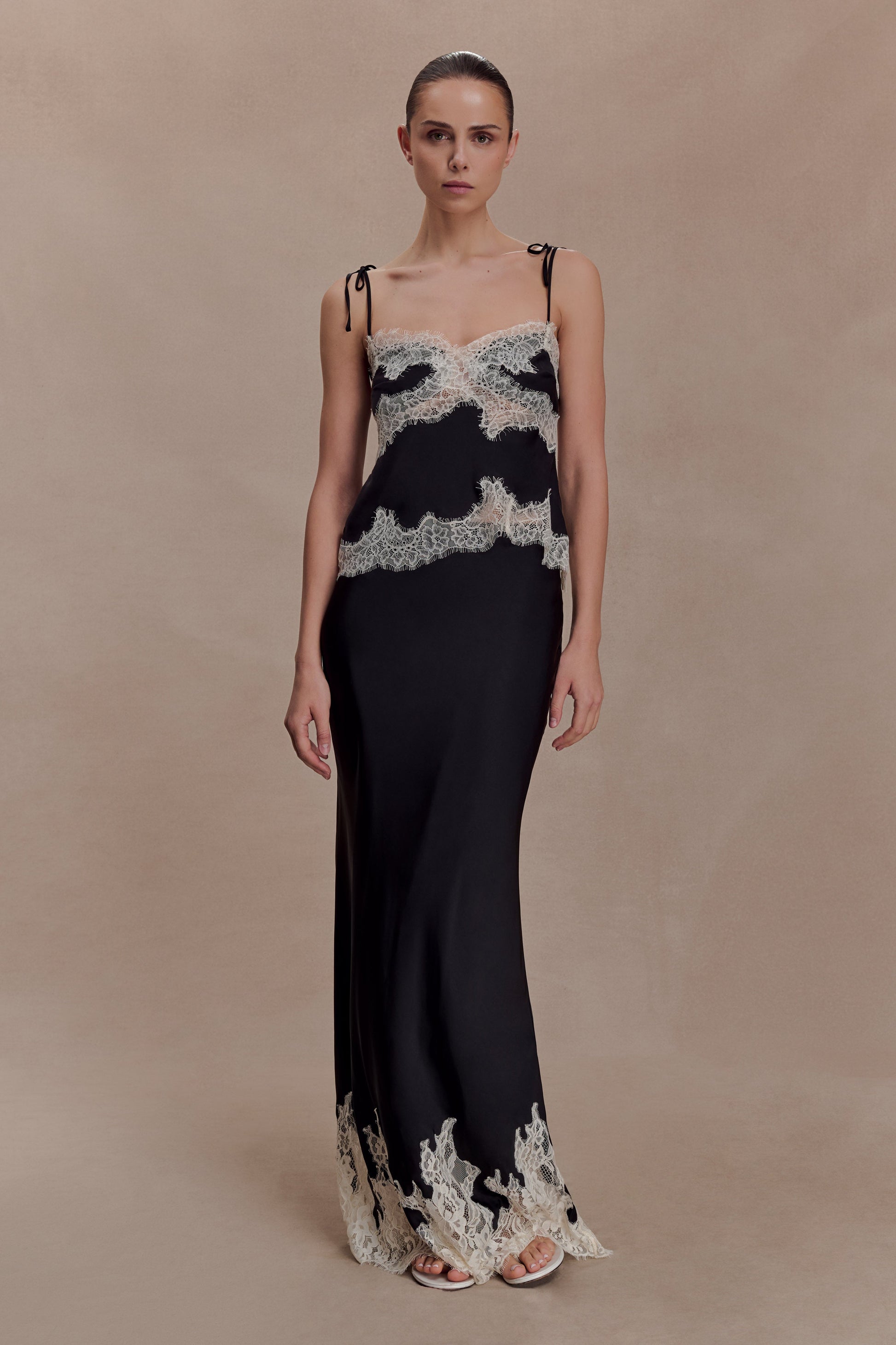 Nina Satin And Lace Maxi Skirt - Black/Ivory