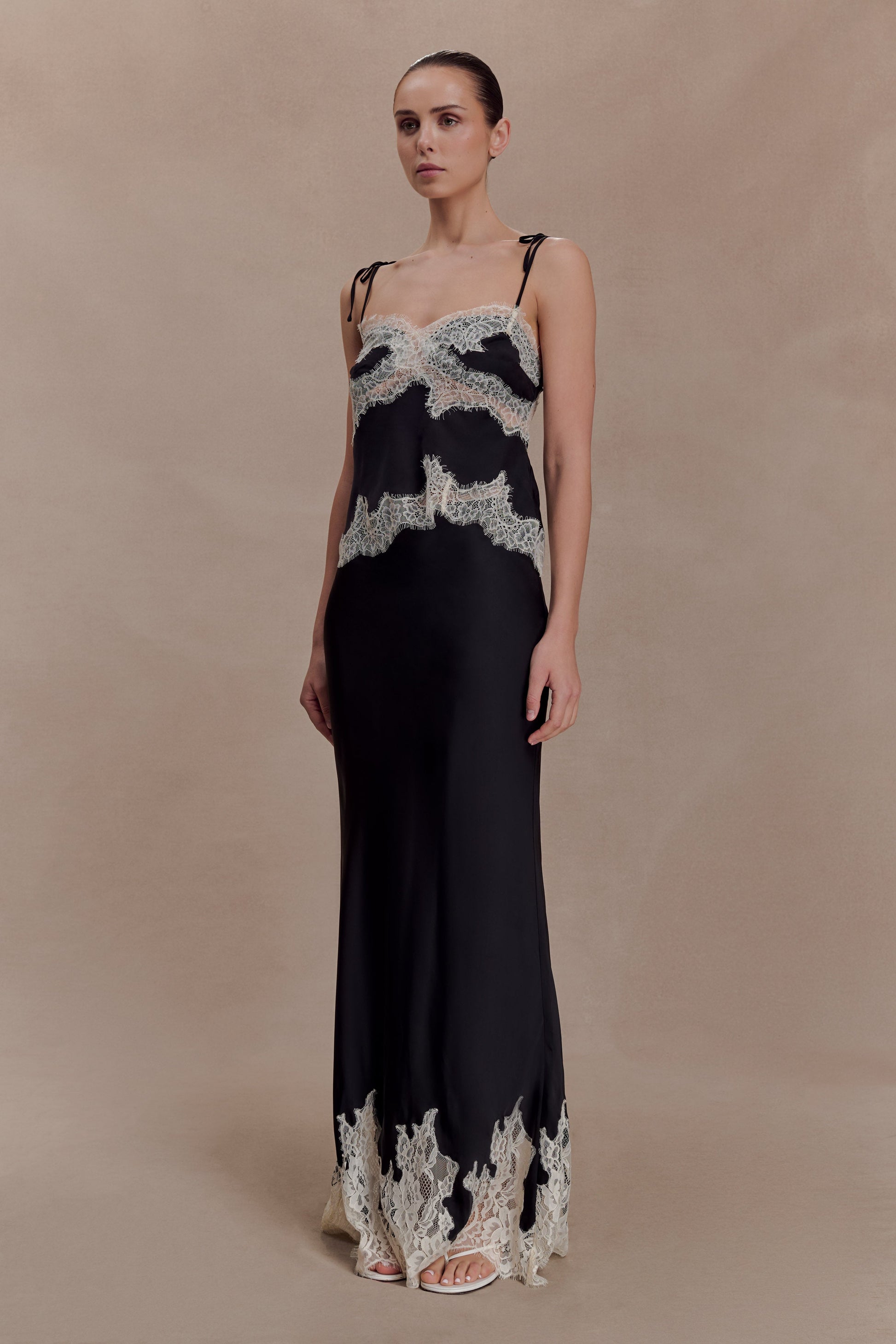 Nina Satin And Lace Maxi Skirt / Black/Ivory | MESHKI