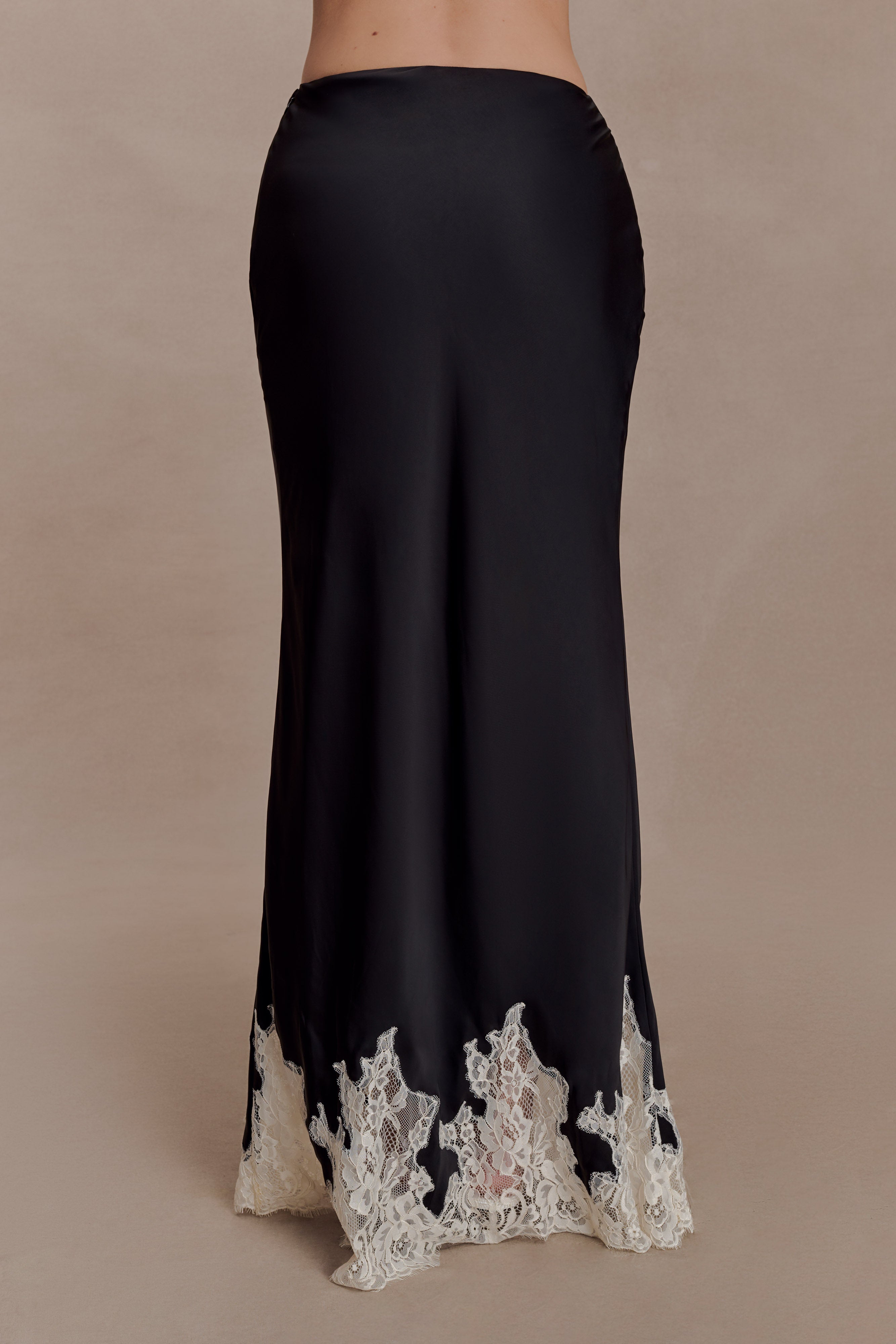 Nina Satin And Lace Maxi Skirt - Black/Ivory | MESHKI US