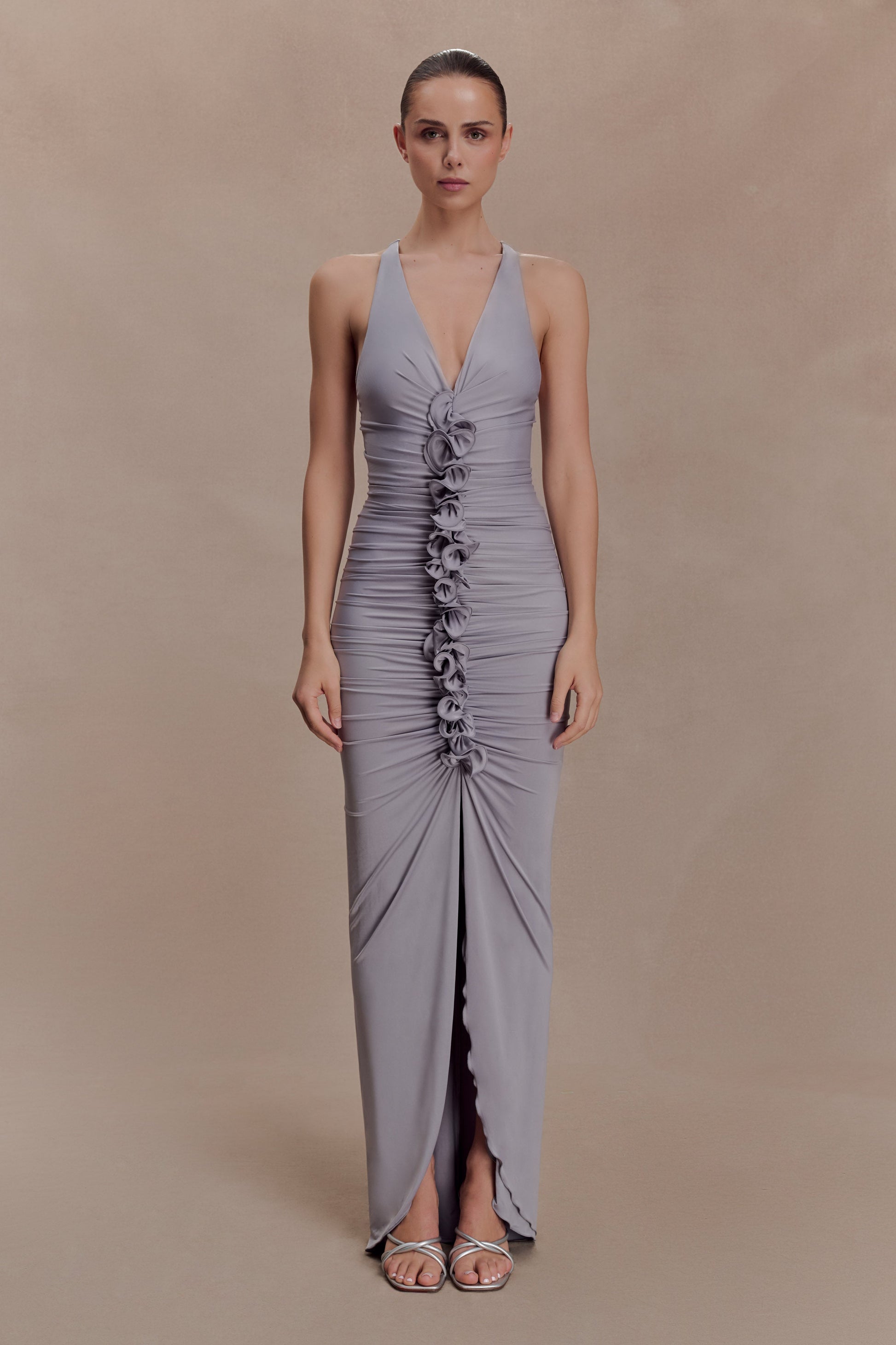 Alessandra Slinky Ruffle Maxi Dress / Grey | MESHKI | XL Alessandra Slinky Ruffle Maxi Dress / Grey | MESHKI | XL