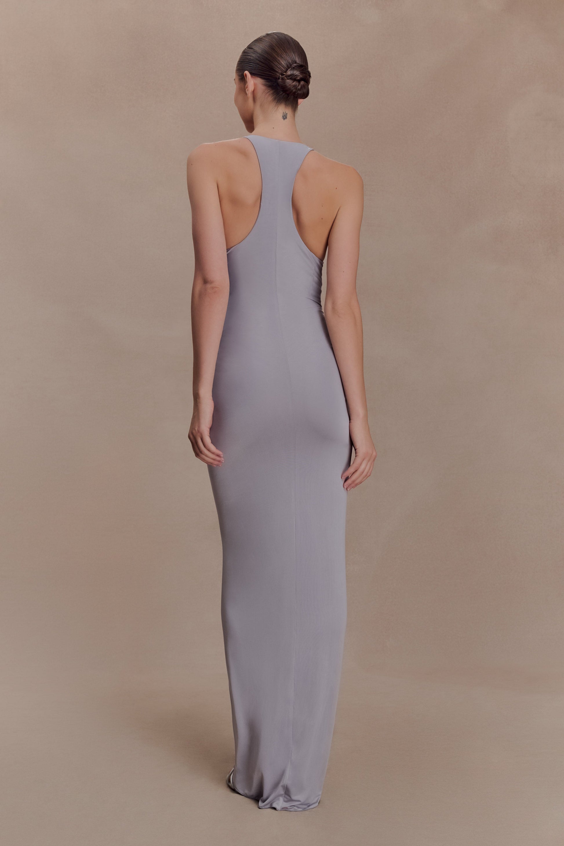 Alessandra Slinky Ruffle Maxi Dress - Grey | MESHKI US Alessandra Slinky Ruffle Maxi Dress - Grey | MESHKI US