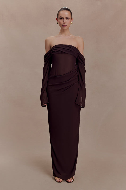 meshki brown dress Catelyn Asymmetrical Scuba Jersey Midi tie events Brown Dresses - Formal &