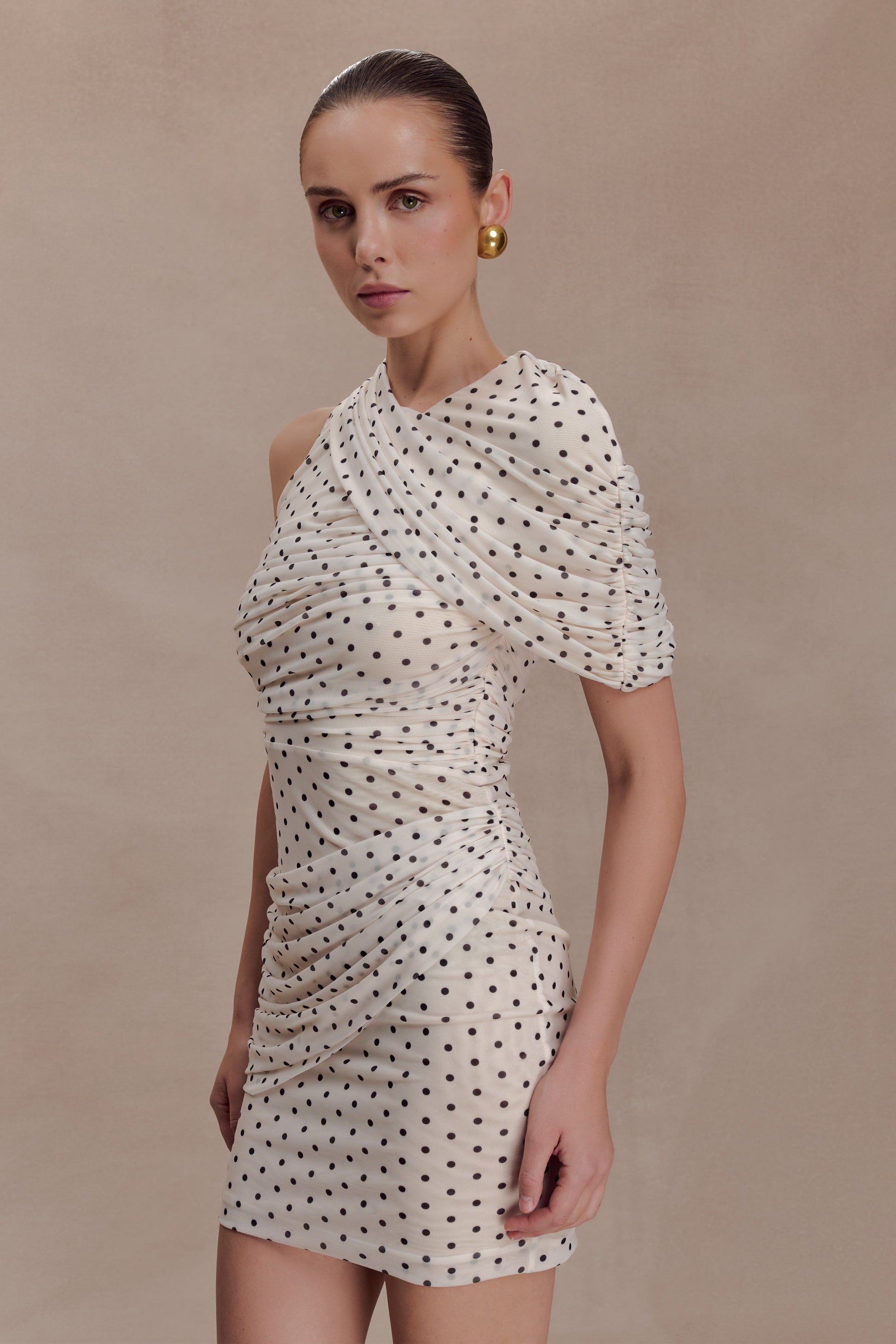 Adrienne One Shoulder Mesh Mini Dress - Polka Dot #5