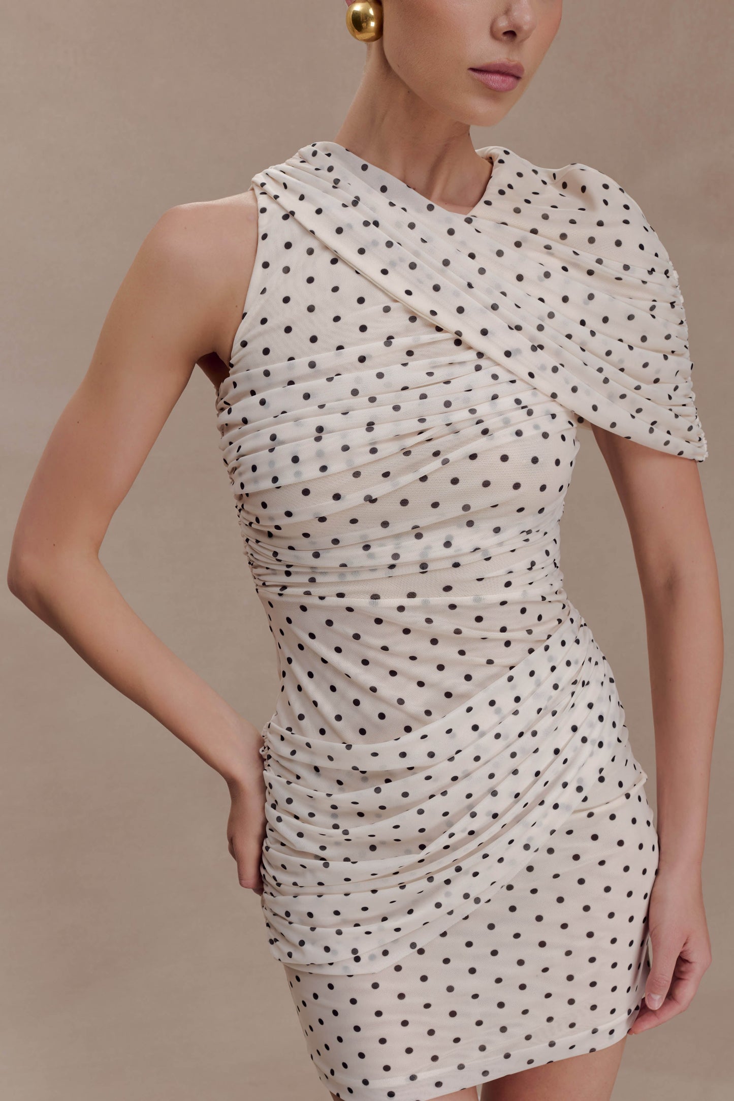 Adrienne One Shoulder Mesh Mini Dress - Polka Dot