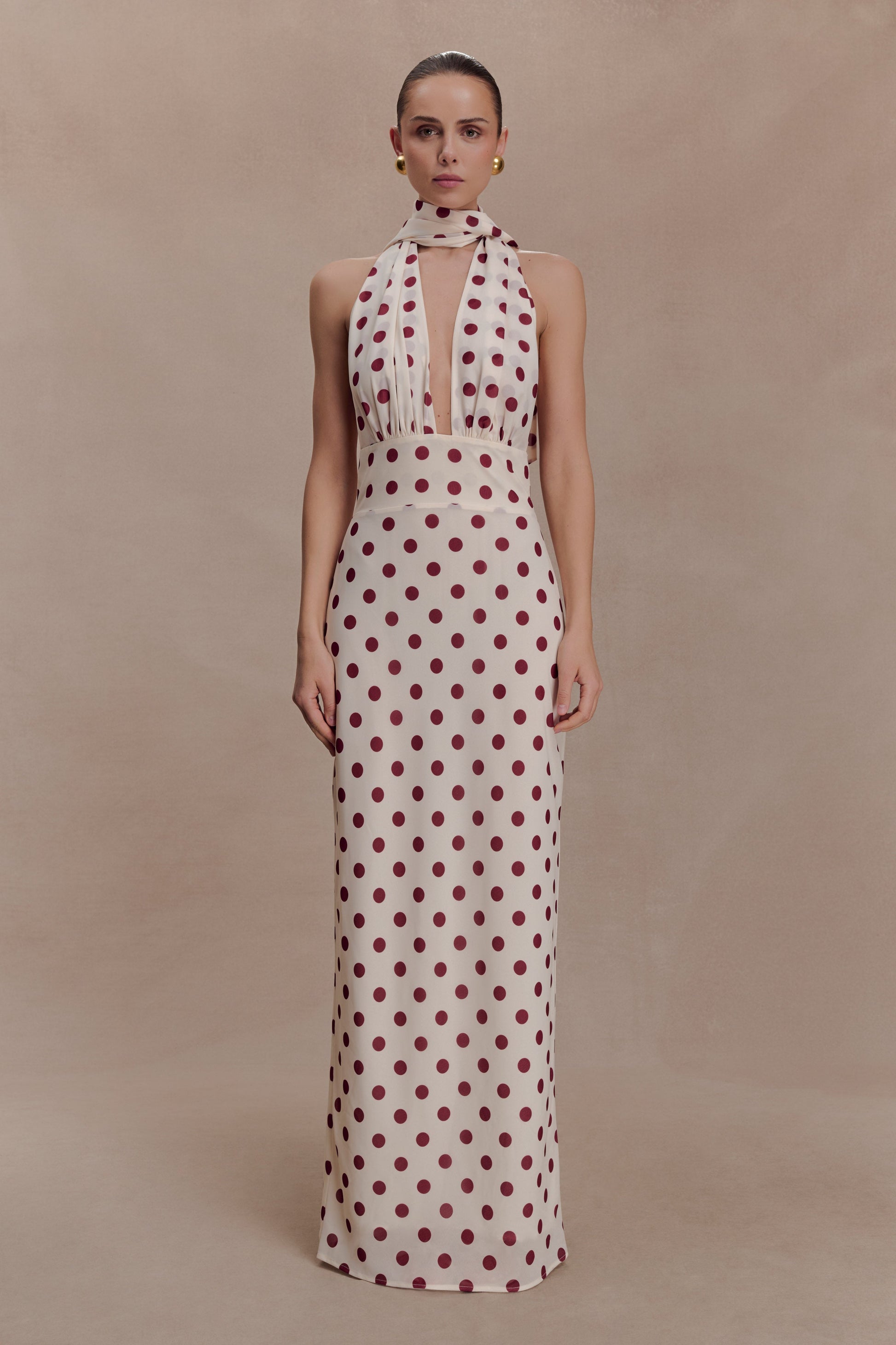 Nadine Halter Chiffon Maxi Dress / Ivory/Merlot Polka Dot | MESHKI