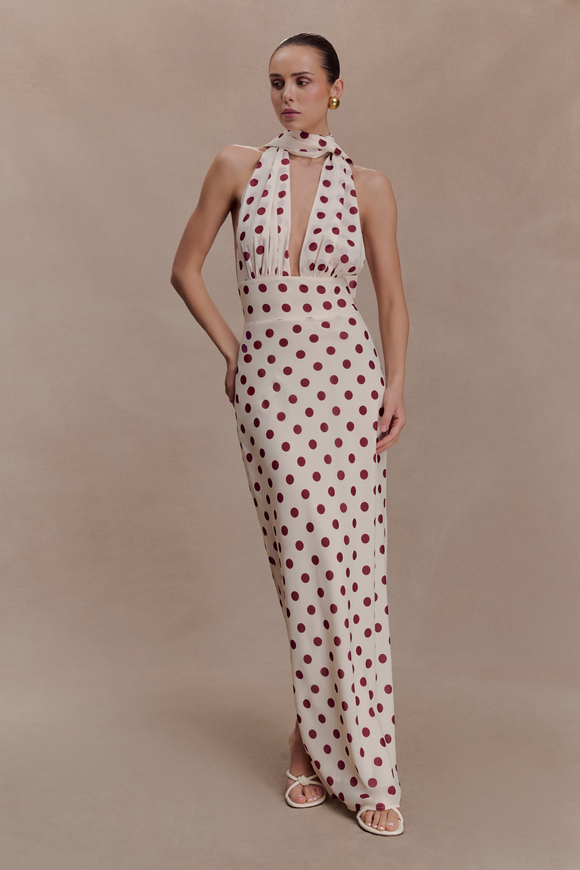 Nadine Halter Chiffon Maxi Dress / Ivory/Merlot Polka Dot | MESHKI | XL Nadine Halter Chiffon Maxi Dress / Ivory/Merlot Polka Dot | MESHKI | XL