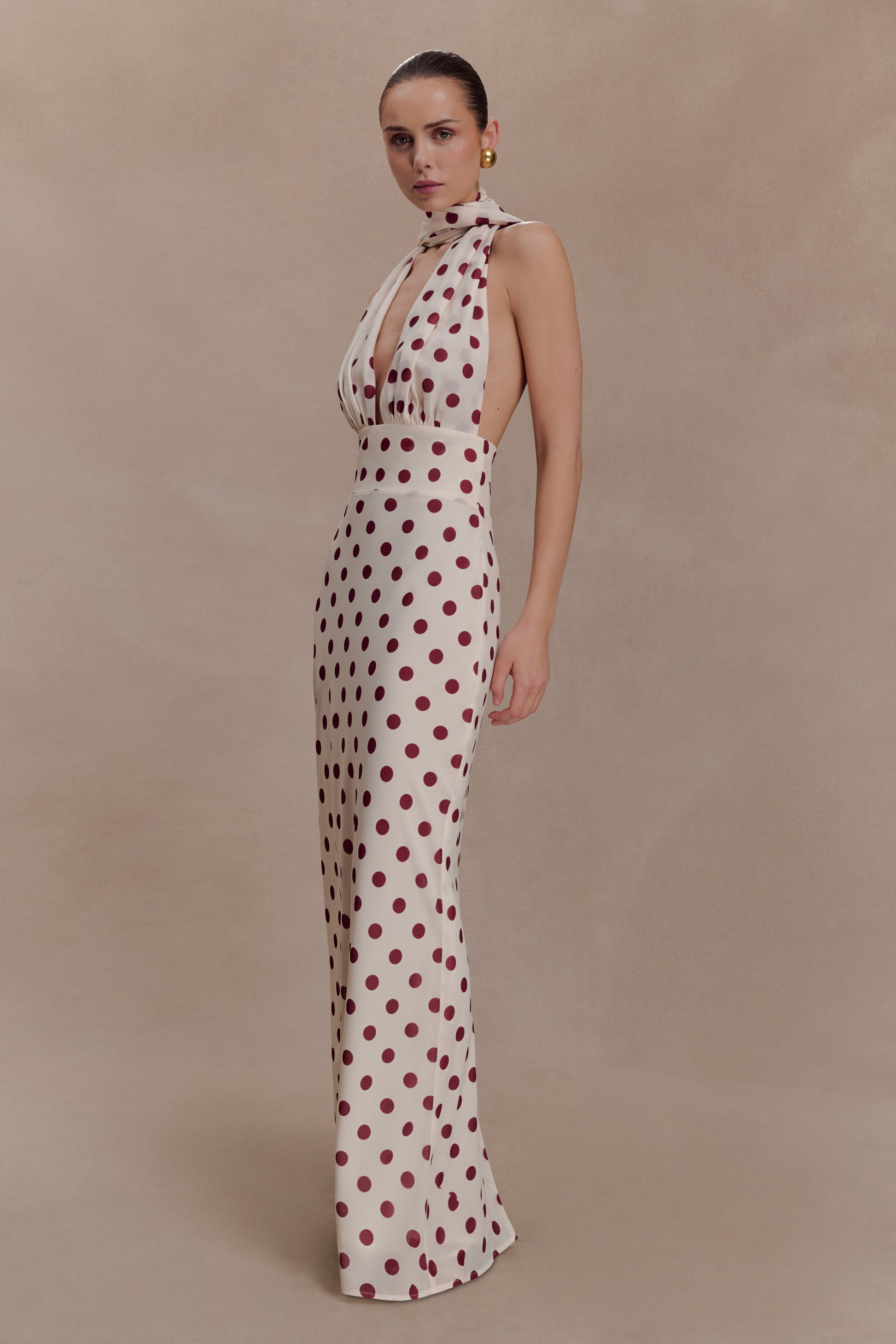 Nadine Halter Chiffon Maxi Dress / Ivory/Merlot Polka Dot | MESHKI