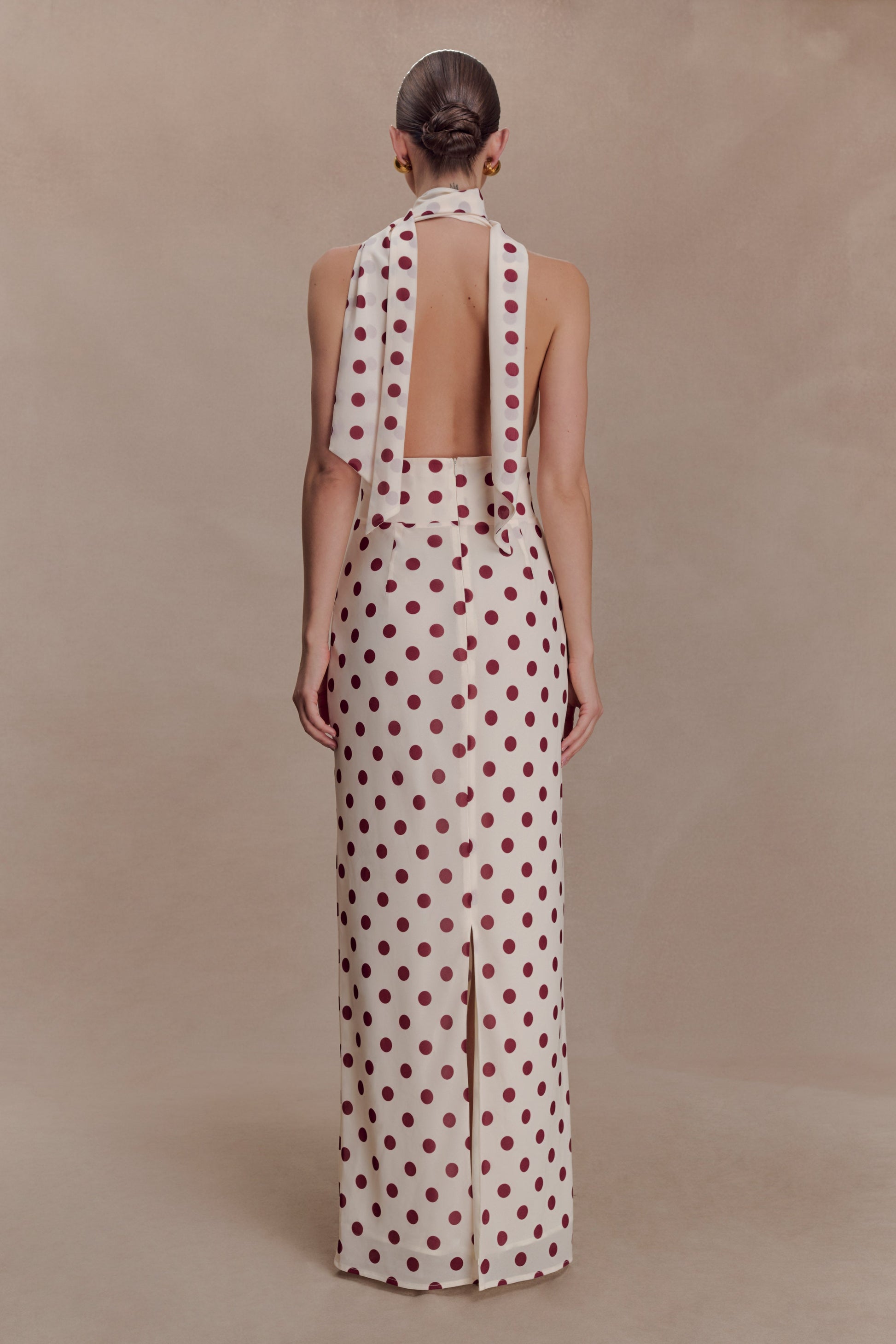 Nadine Halter Chiffon Maxi Dress - Ivory/Merlot Polka Dot #4