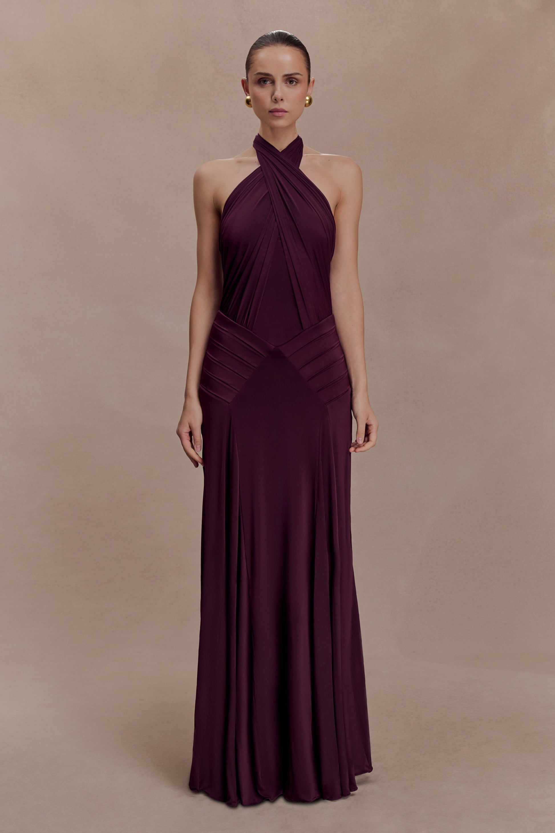 Indira Gathered Slinky Halter Maxi Dress - Mahogany | MESHKI US Indira Gathered Slinky Halter Maxi Dress - Mahogany | MESHKI US