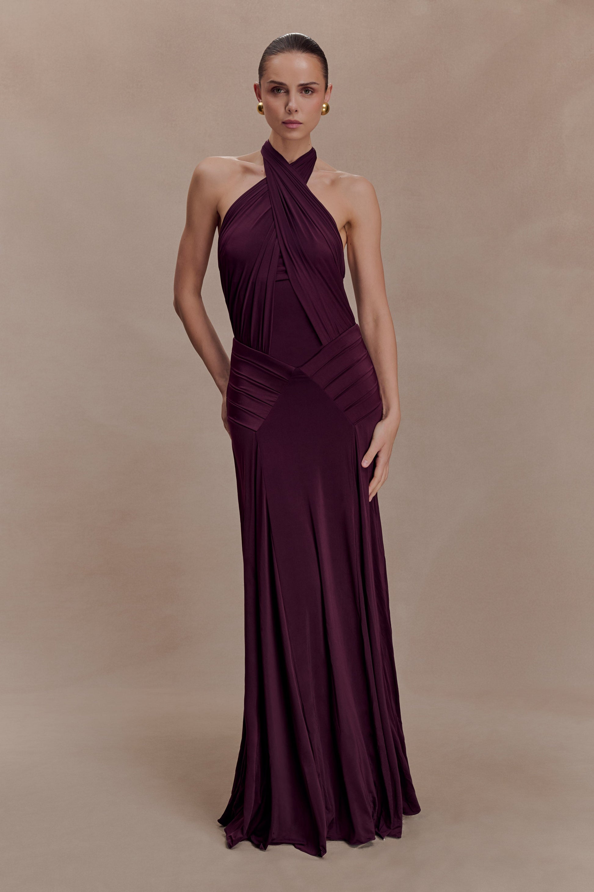gathered halter dress B253058 Stunning Soft Crepe Fit & Flare Gown with Gathered Halter Neckline and Sexy Low Dipped Back
