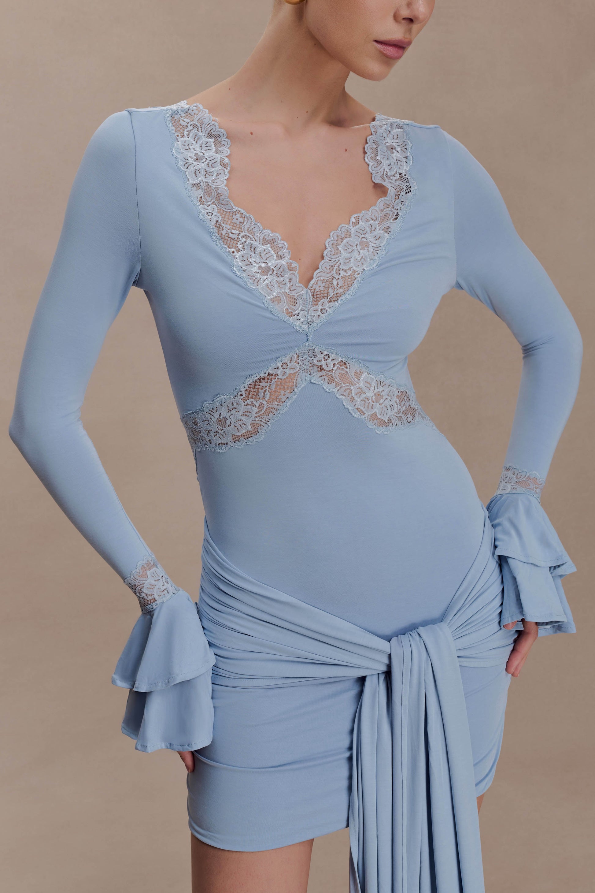 Electra Slinky Lace Mini Dress - Pale Blue | MESHKI US Electra Slinky Lace Mini Dress - Pale Blue | MESHKI US