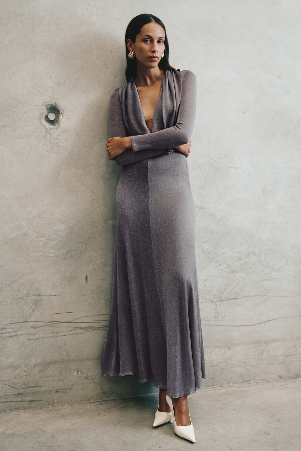Scarlet Lurex Cowl Maxi Dress - Silver | MESHKI US Scarlet Lurex Cowl Maxi Dress - Silver | MESHKI US