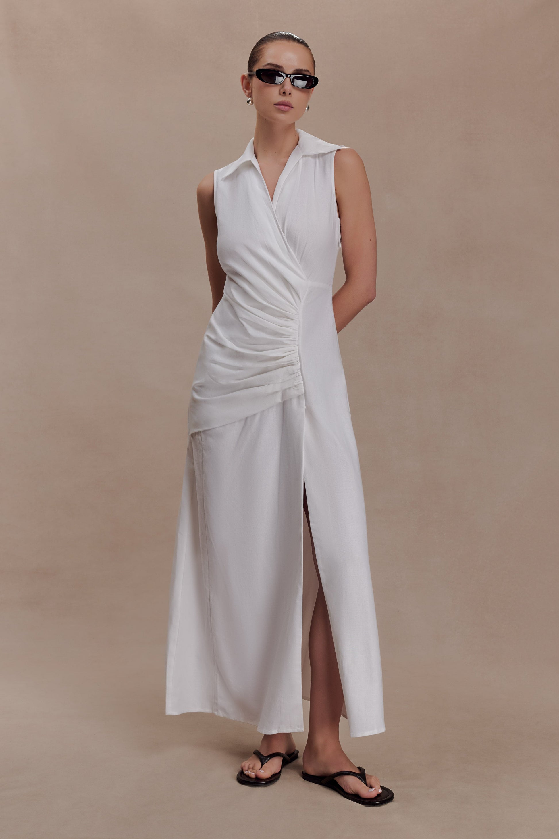 Dante Ruched Linen Midi Dress / White | MESHKI Dante Ruched Linen Midi Dress / White | MESHKI