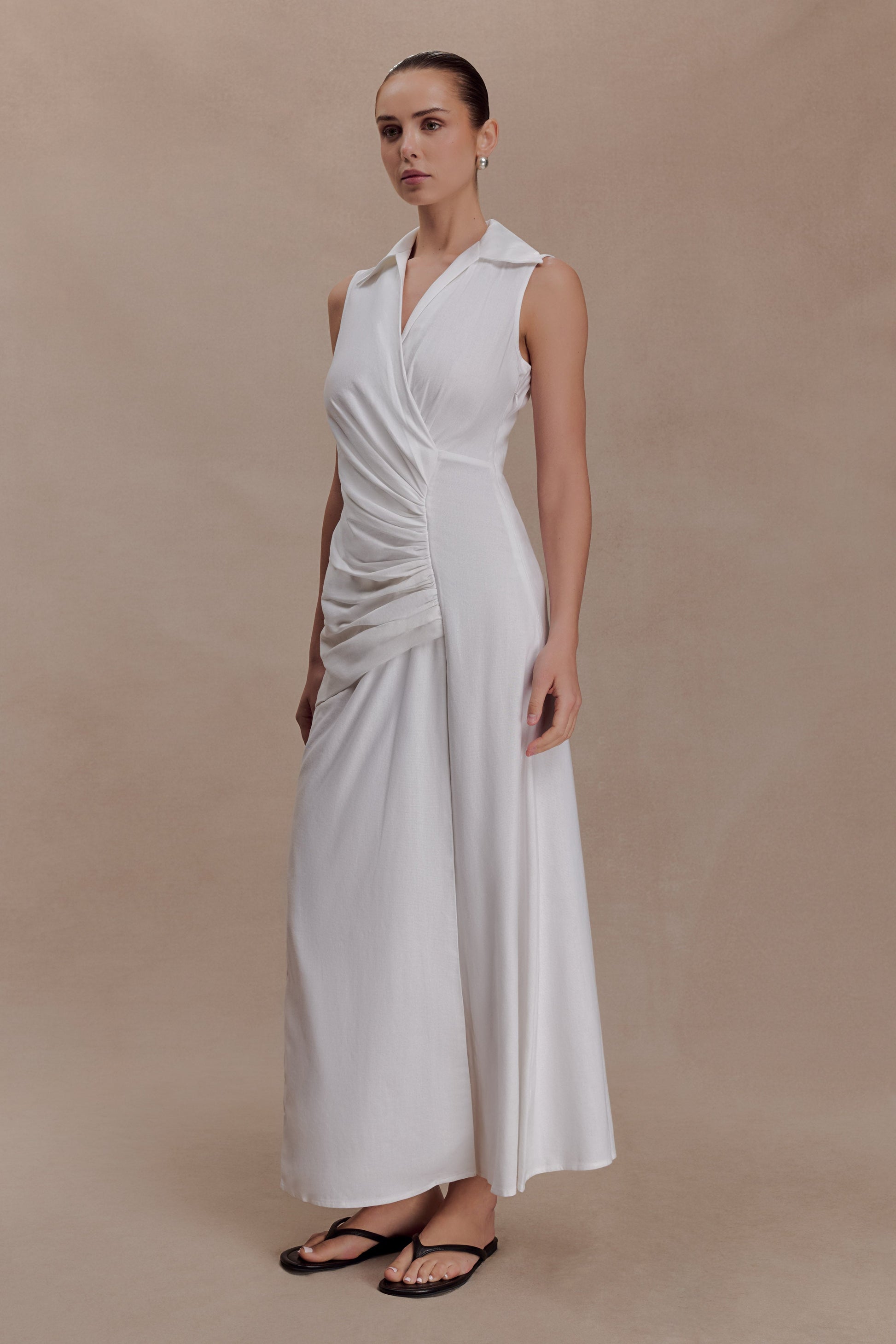 Dante Ruched Linen Midi Dress / White | MESHKI | XS Dante Ruched Linen Midi Dress / White | MESHKI | XS